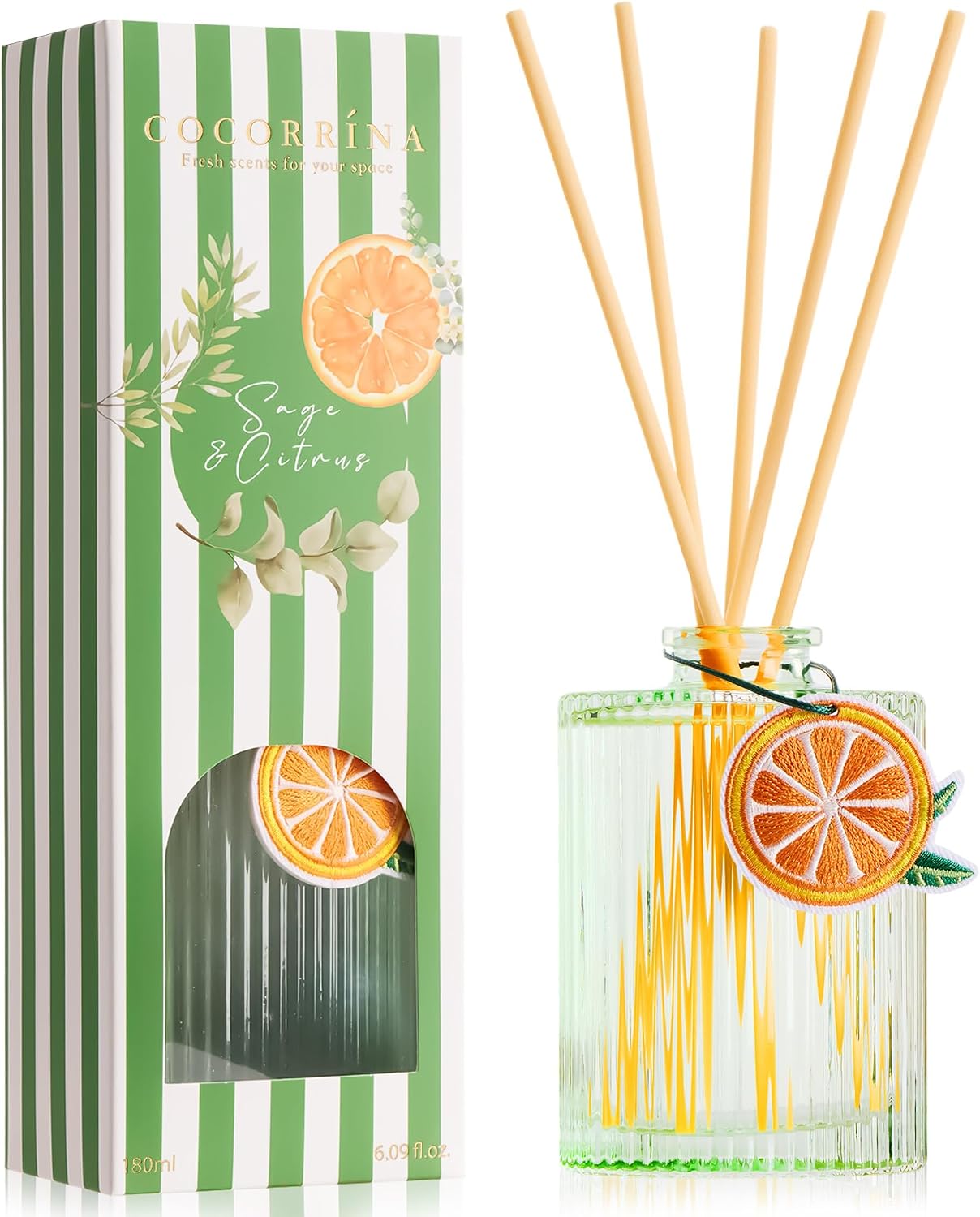 COCORRÍNA Reed Diffuser, Sage & Citrus Scent Oil Diffuser, 6.09 fl oz, 8 Reeds, Long-Lasting Home Fragrance, Bathroom Bedroom Shelf Decor & Gifts