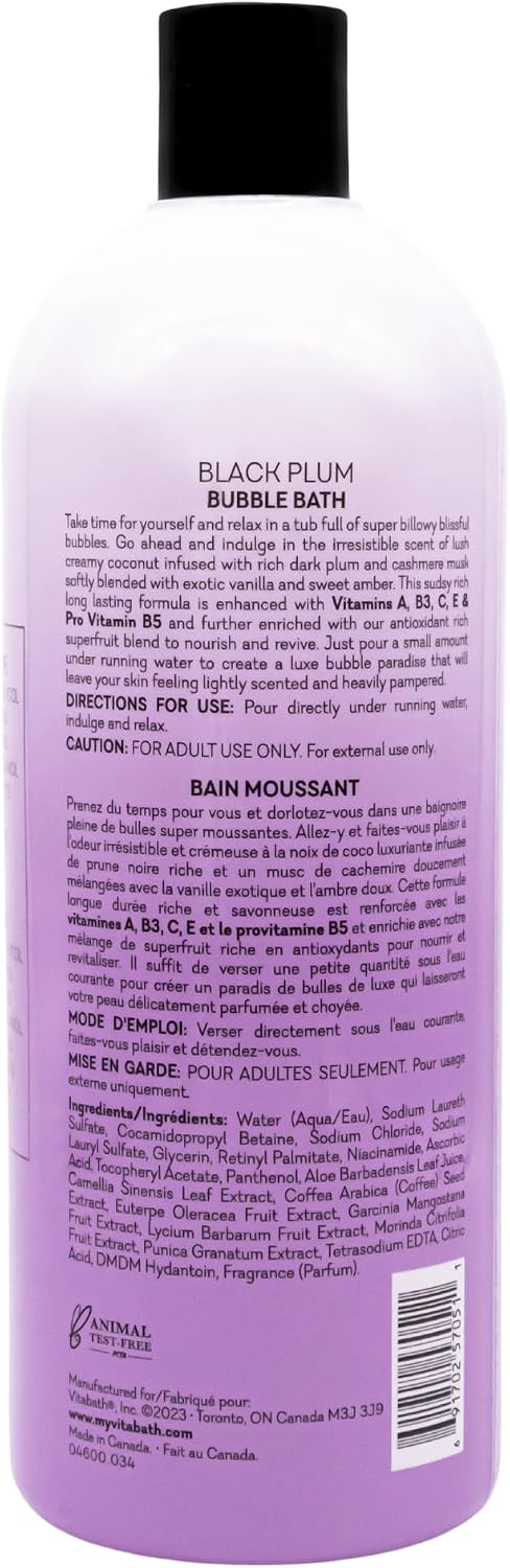 Vitabath Black Plum Bubble Bath Rich Foaming Soak - Moisturizing & Nourishing Indulgent Suds for Women & Men All Skin Types - 33.8 fl oz 1L