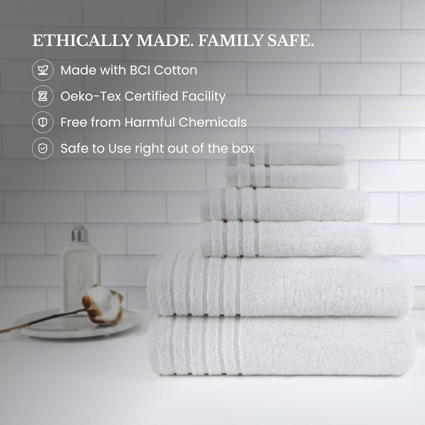 BW Luxe Home - 100% Soft Turkish Cotton 6 Piece White Towel Set (2 Bath, 2 Hand, 2 Wash). 600 GSM, Combed Natural Yarn for Fast Drying & Excellent Absorption. Hotel & Spa Luxury Quality.
