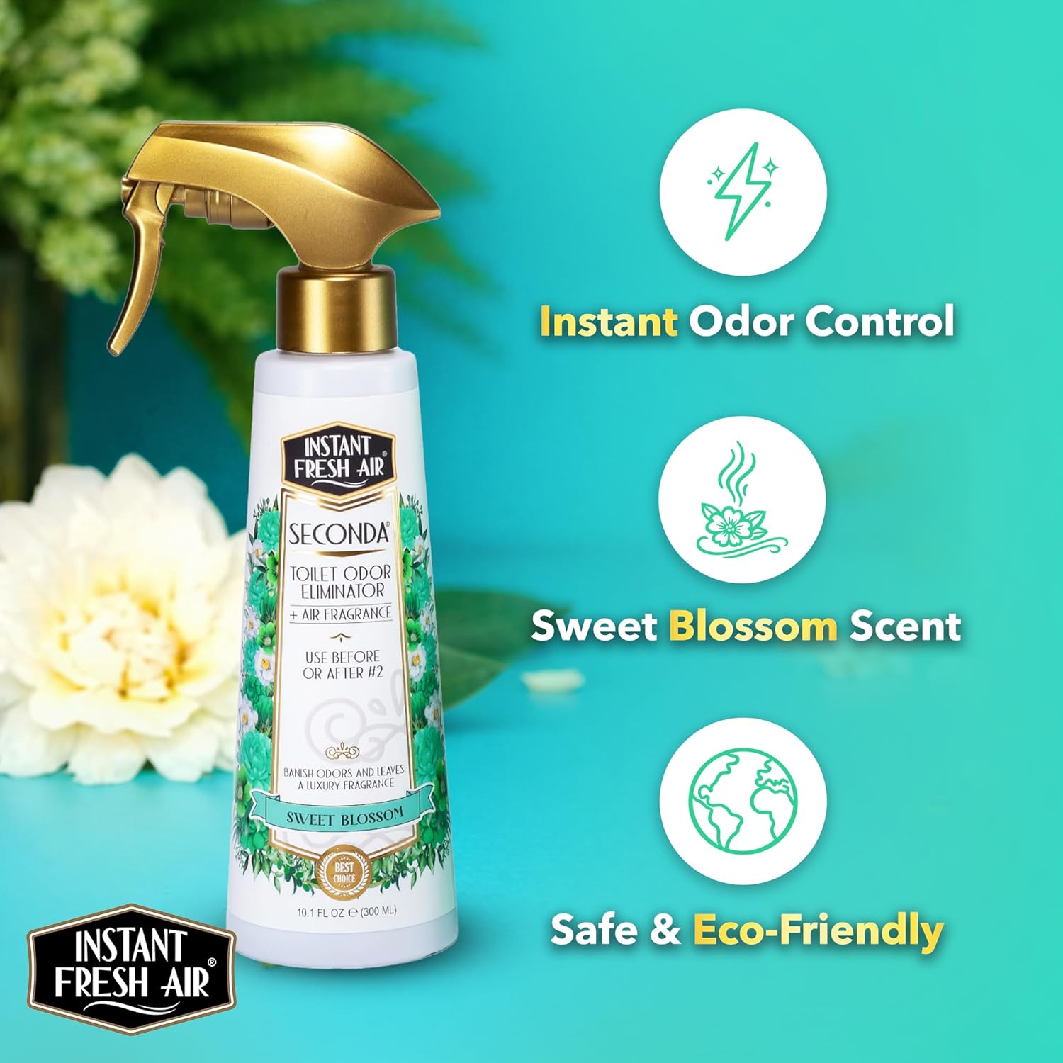 Seconda Premium Toilet Spray - Bathroom Air Freshener & Toilet Bowl Odor Eliminator - For Home, Business, School - Bathroom Deodorizer - Long Lasting Blossom Fragrance - 10.1 fl oz.