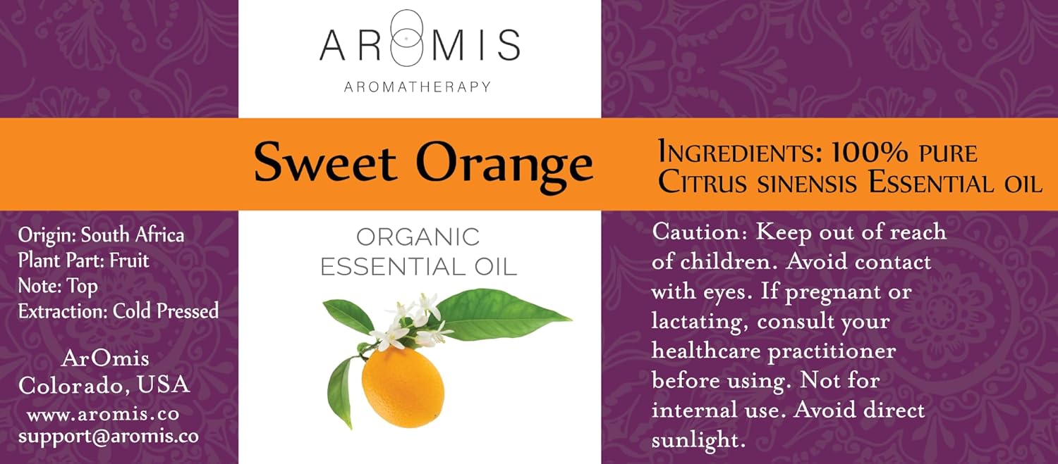 ArOmis Organic Sweet Orange Essential Oil - 100% Pure Therapeutic Grade - 10ml, Undiluted, Premium, Oils Perfect for Aromatherapy 0.34 fl oz