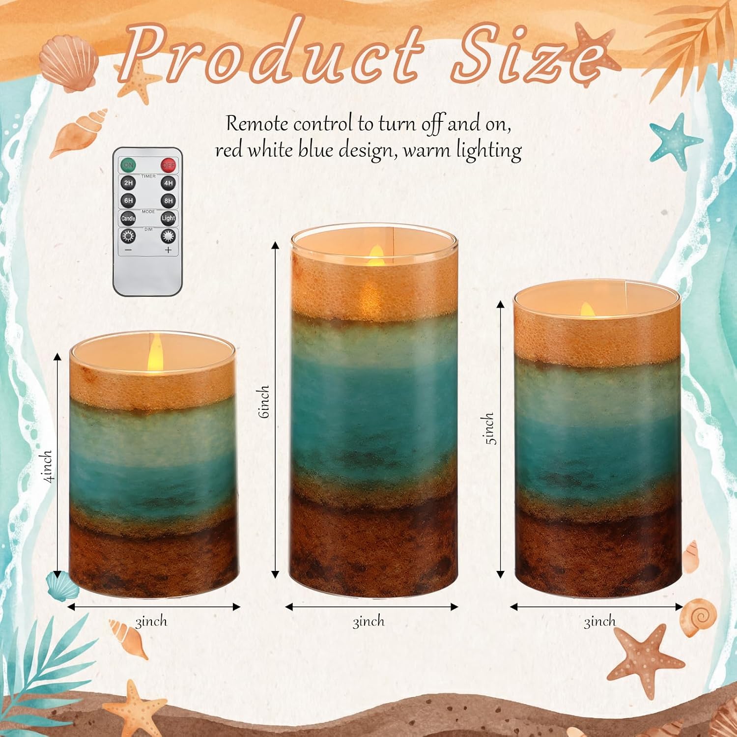 Tujoe 3 Pcs Summer Ocean Flameless Candles Teal Beach LED Battery Pillar Candles Set Battery Operated Coastal Nautical Decorations Flickering Gifts with Remote Decorations for Holiday