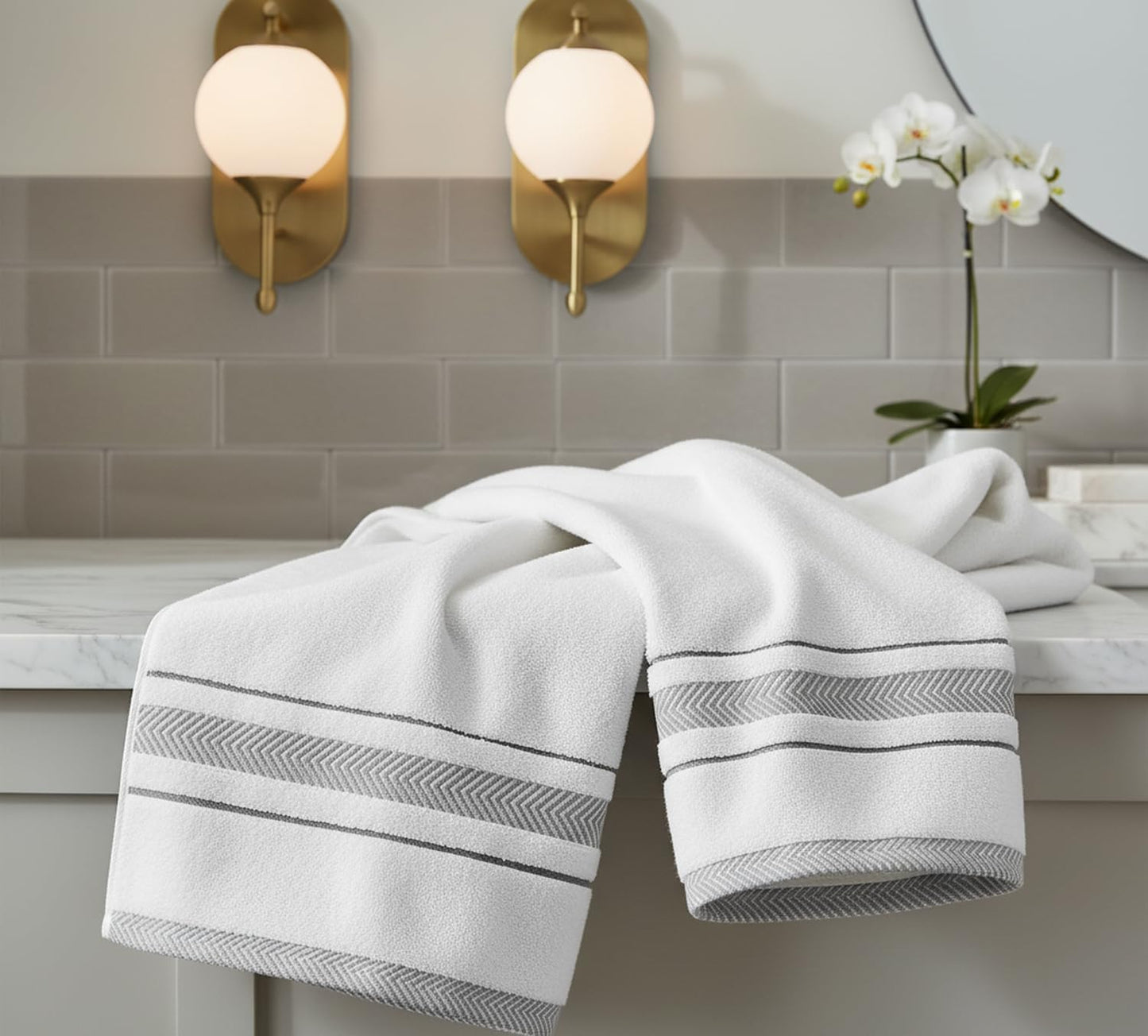 Bath Towels Set for Bathroom – Luxury 6-Piece Cotton Towels, Soft Absorbent & Quick Dry, 600 GSM Bath Towels for Bathroom, Hotel Spa Quality (2 Bath, 2 Hand, 2 Washcloths, White Grey Stripe)