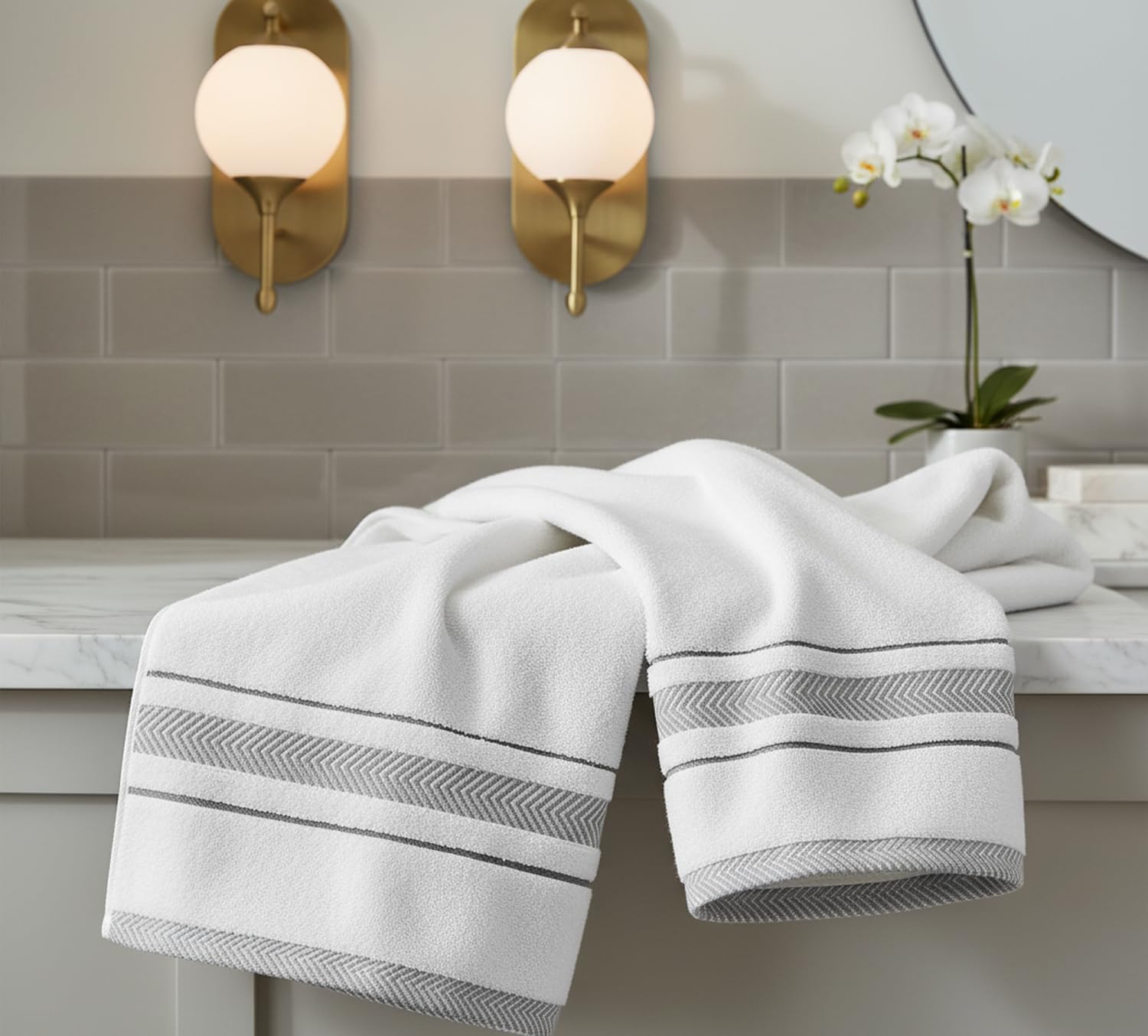 Bath Towels Set for Bathroom – Luxury 6-Piece Cotton Towels, Soft Absorbent & Quick Dry, 600 GSM Bath Towels for Bathroom, Hotel Spa Quality (2 Bath, 2 Hand, 2 Washcloths, White Grey Stripe)