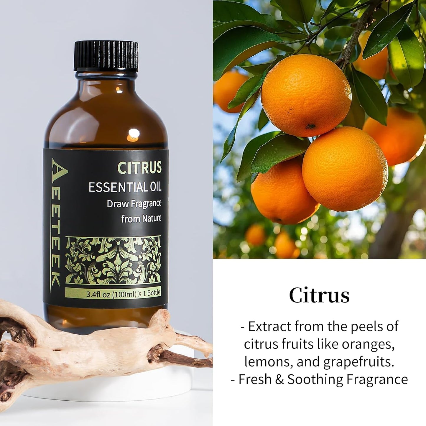 100ml Citrus Essential Oil Refill for Waterless Diffuser & Reed Diffuser Set, 3.4Fl Oz Long-Lasting Fruity Aroma Home Fragrance, Bathroom Air Freshener