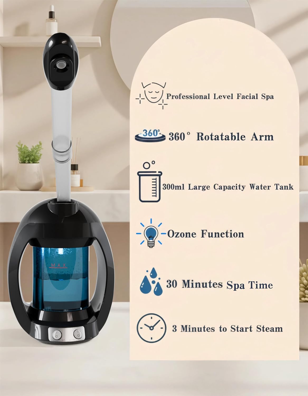 Facial Steamer-Nano Ionic Face Steamer for Facial Deep Cleaning, Vaporizador Steamer for Esthetician, Professional Facial Steamer for Home Facial Spa. (Black)
