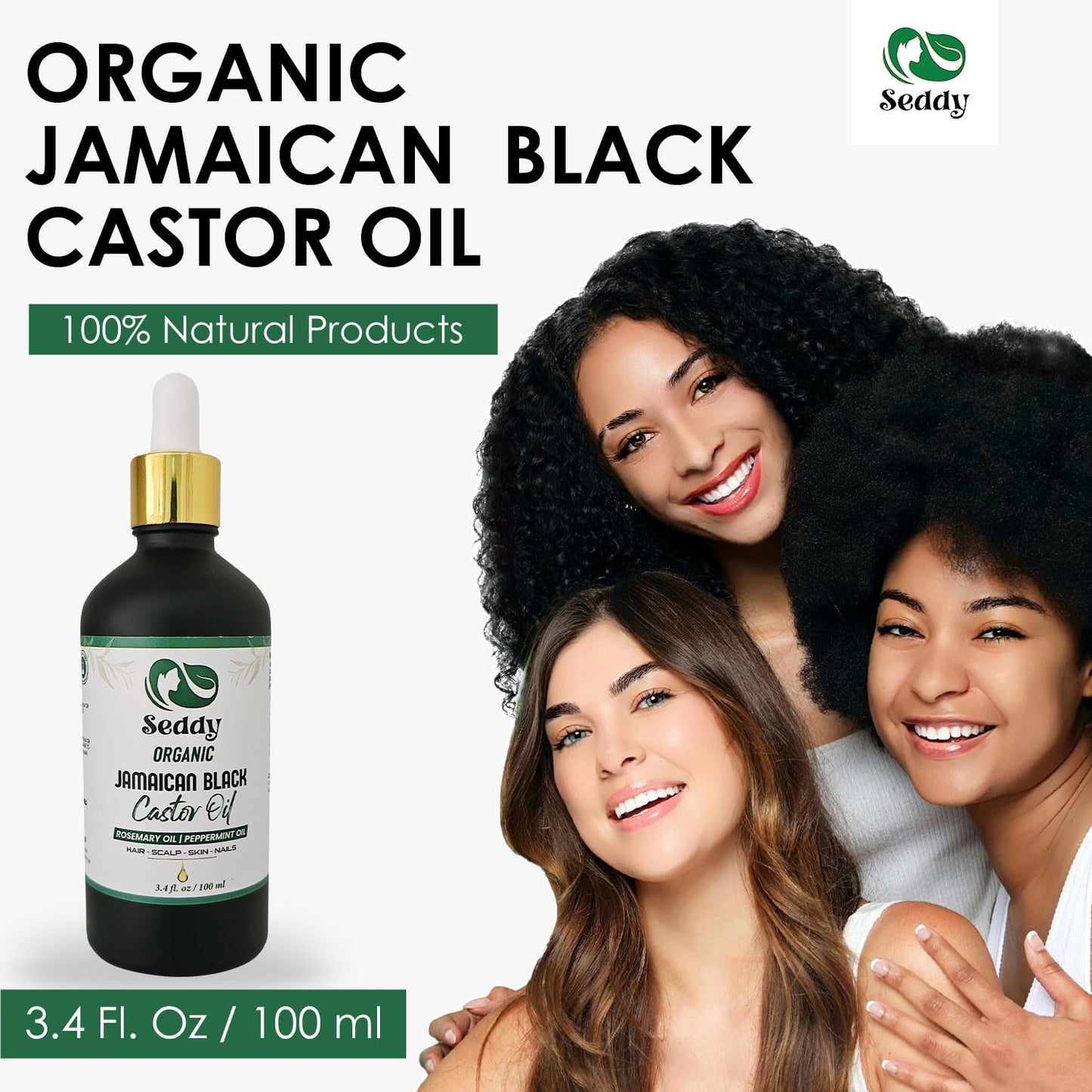 Seddy Organic Jamaican Black Castor Oil with Rosemary & Peppermint – Cold-Pressed, Hexane-Free Hair Growth & Scalp Treatment Oil for Thicker, Stronger Hair, Edges & Beard – 3.4 fl oz