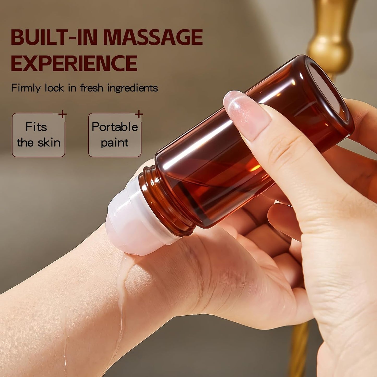 Rose Quartz Refillable Roller Ball Applicator for Essential Oils 50ml, Amber Glass Roll on Bottle, Leak-Proof Oil Roller Bottle, Ideal for Travel and Personal Care 2pcs