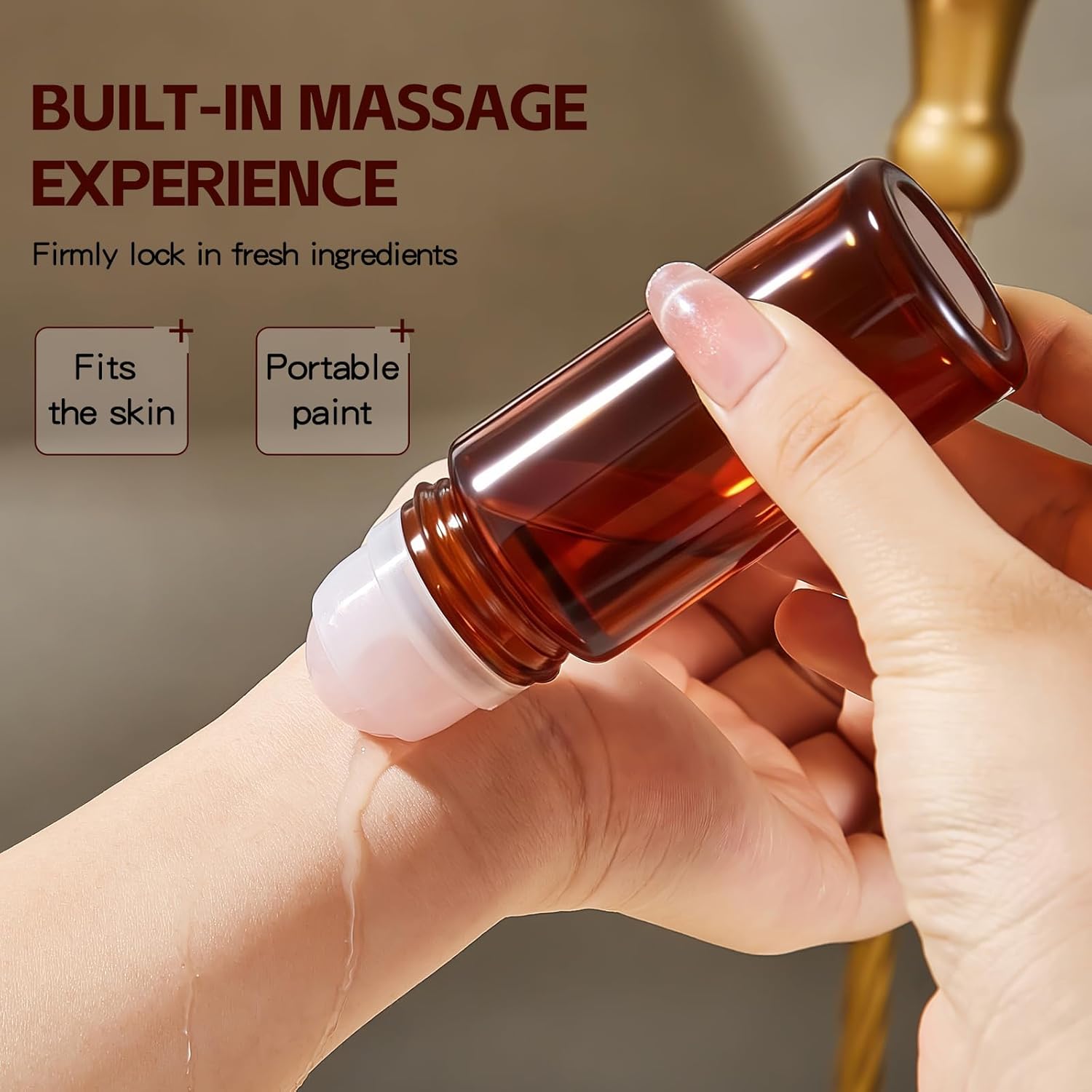 Rose Quartz Refillable Roller Ball Applicator for Essential Oils 50ml, Amber Glass Roll on Bottle, Leak-Proof Oil Roller Bottle, Ideal for Travel and Personal Care 2pcs