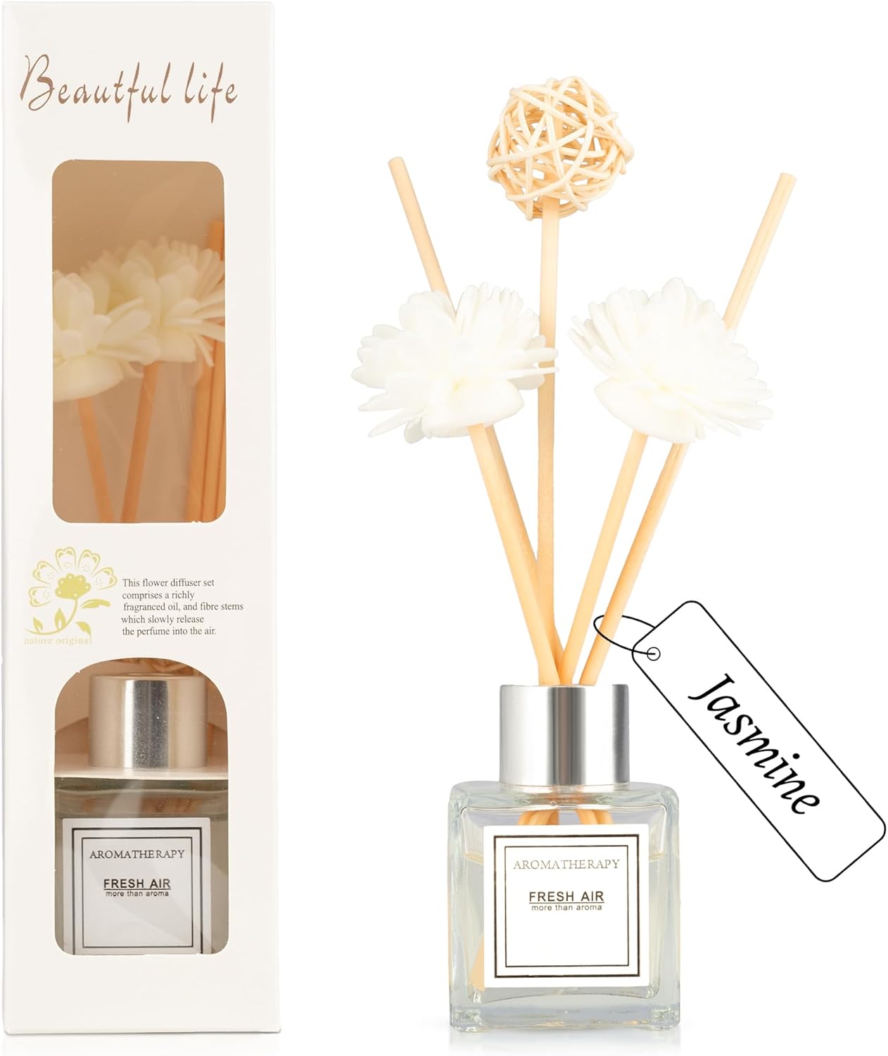 Reed Diffuser Set, 1.7 fl oz Scent Diffuser with Sticks, Jasmine Scent for Bathroom Accessories Shelf Decor, Air Fresheners for Home, Home Fragrance Products, House Office Room Decor Aesthetic Gift
