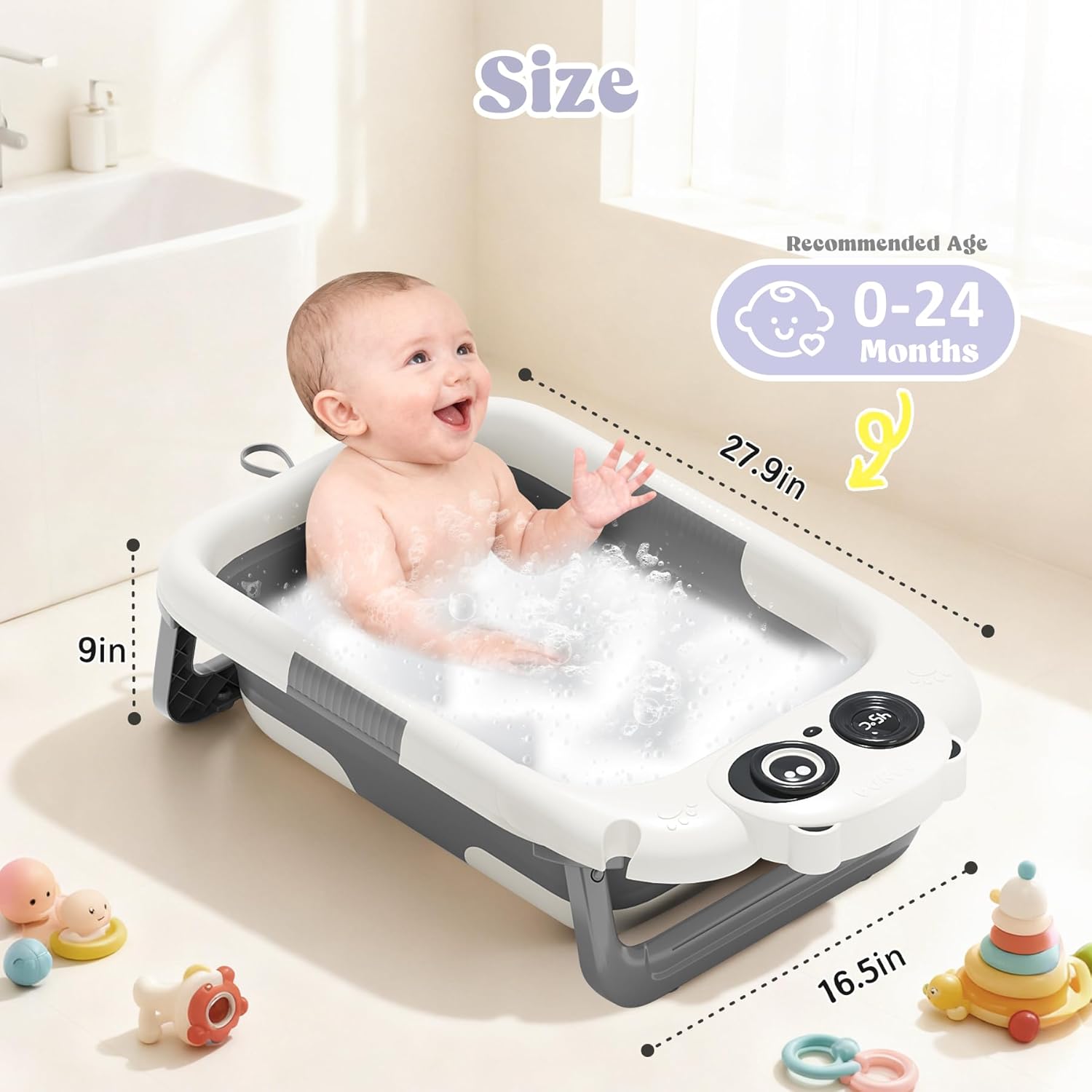 Foldable Baby Bathtub - 0-24M, Thermometer, Soft Cushion (Grey) | Folds Flat, Portable, Non-Slip Legs, For Newborn to Toddler, Space-Saving Design