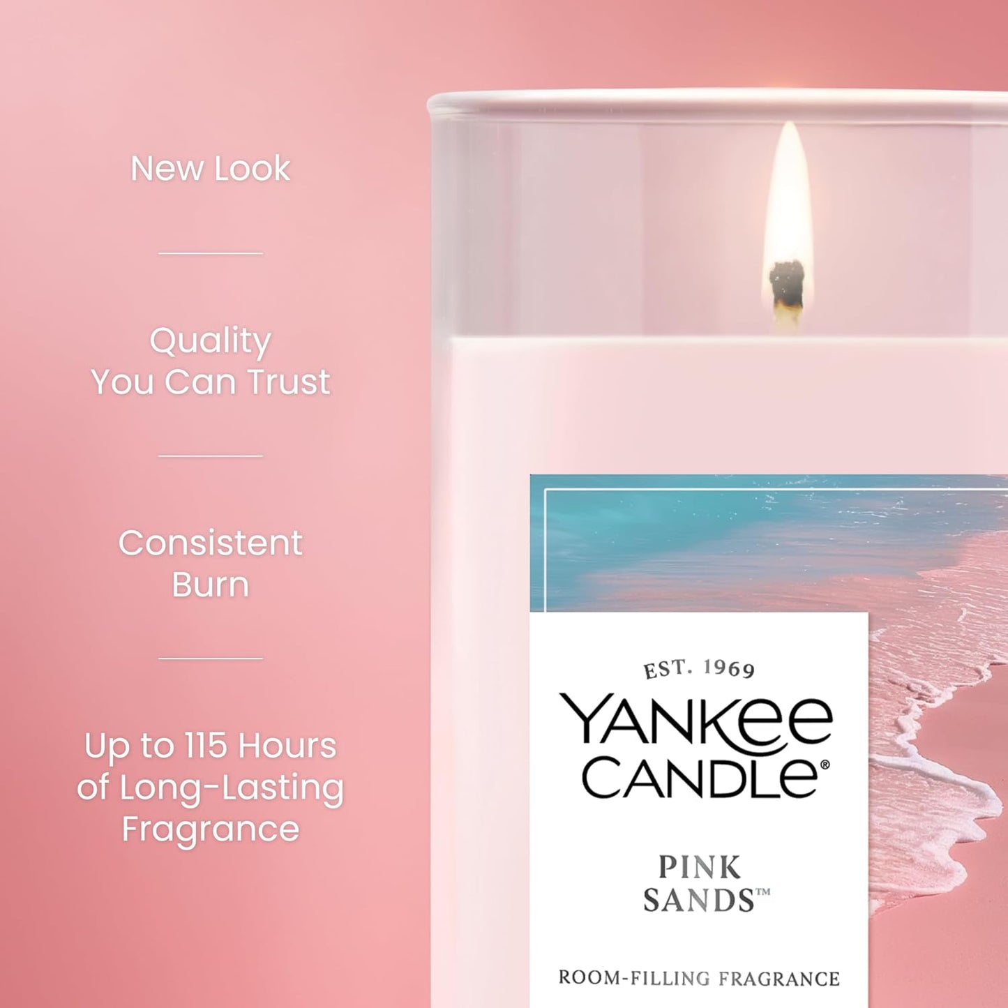 Yankee Candle Medium Pillar Scented Candle with up to 115 Hour Burn Time, Premium Plant Wax Blend for Consistent Burn, 14.25 oz Pillar Candle with Room Filling Fragrance, Pink Sands