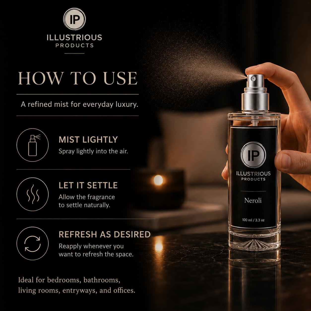 Neroli Room Spray for Home – Luxury Long-Lasting Fragrance Mist, Citrus Floral Woody Scent, Premium Glass Bottle & Gift Box, Fine-Mist Sprayer, Made in USA, 3.3 fl oz / 100 ml