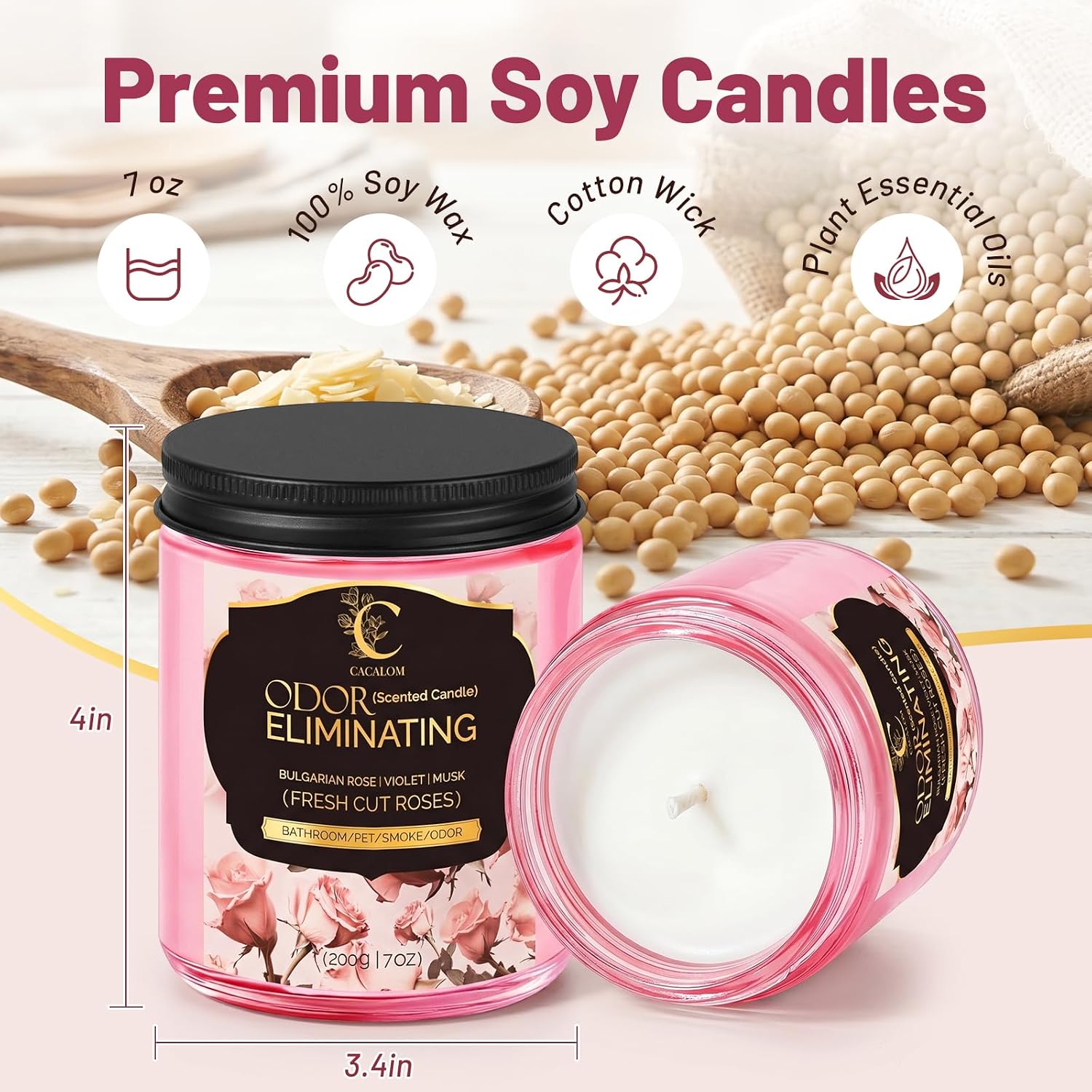 Rose Odor Eliminating Candles, Pet Scented Candles for Home, Single Wick Soy Candle Gifts for Women, Men, Ideal for Creating Relaxing Atmosphere, Over 50 Hours of Burn Time