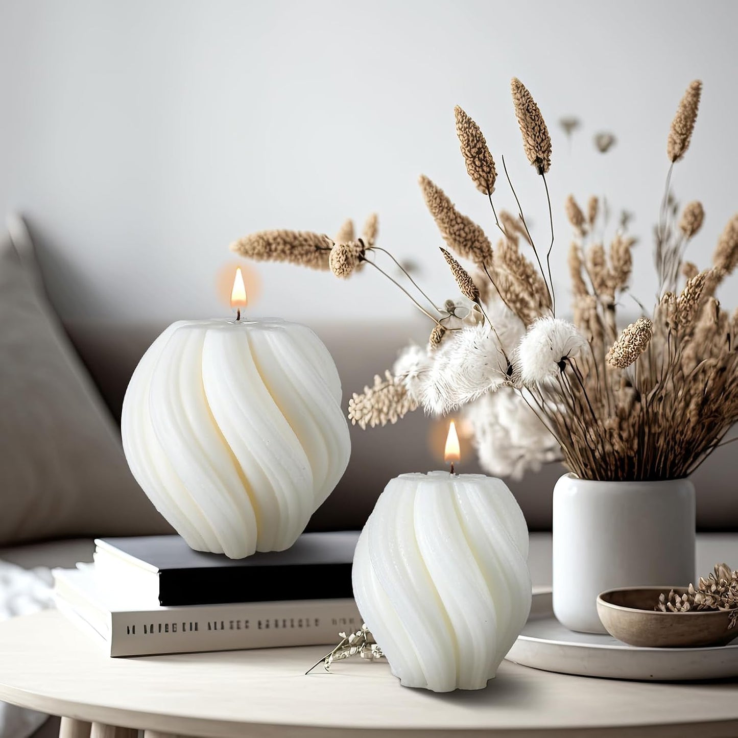 MTLEE 2 Pcs Spiral Swirl Candle Large Aesthetic Pillar Scented Soy Wax Twirl Elegant Decorative Candles Beautiful Housewarming Gift for Home Room Bedroom Shelf Decor(White)