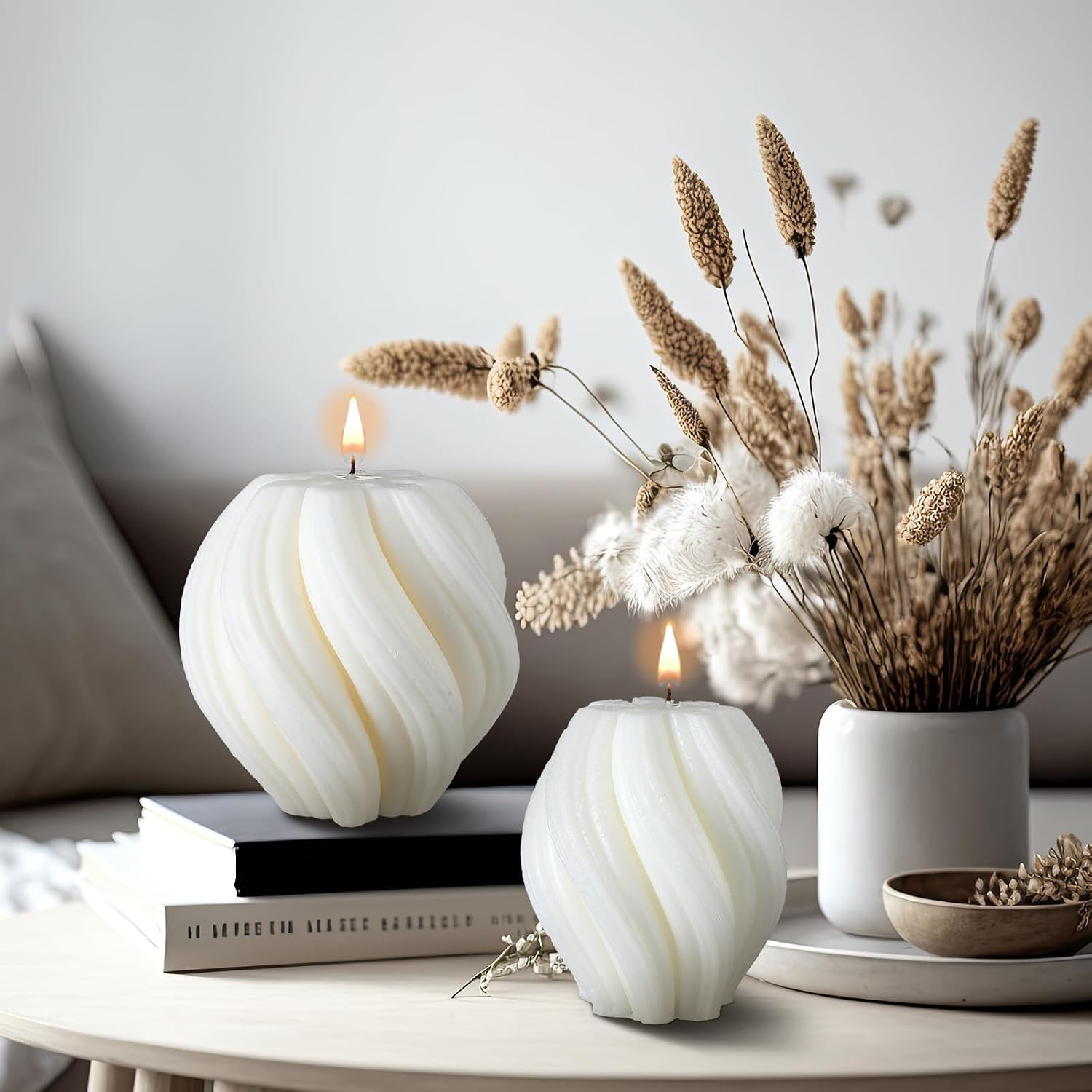 MTLEE 2 Pcs Spiral Swirl Candle Large Aesthetic Pillar Scented Soy Wax Twirl Elegant Decorative Candles Beautiful Housewarming Gift for Home Room Bedroom Shelf Decor(White)