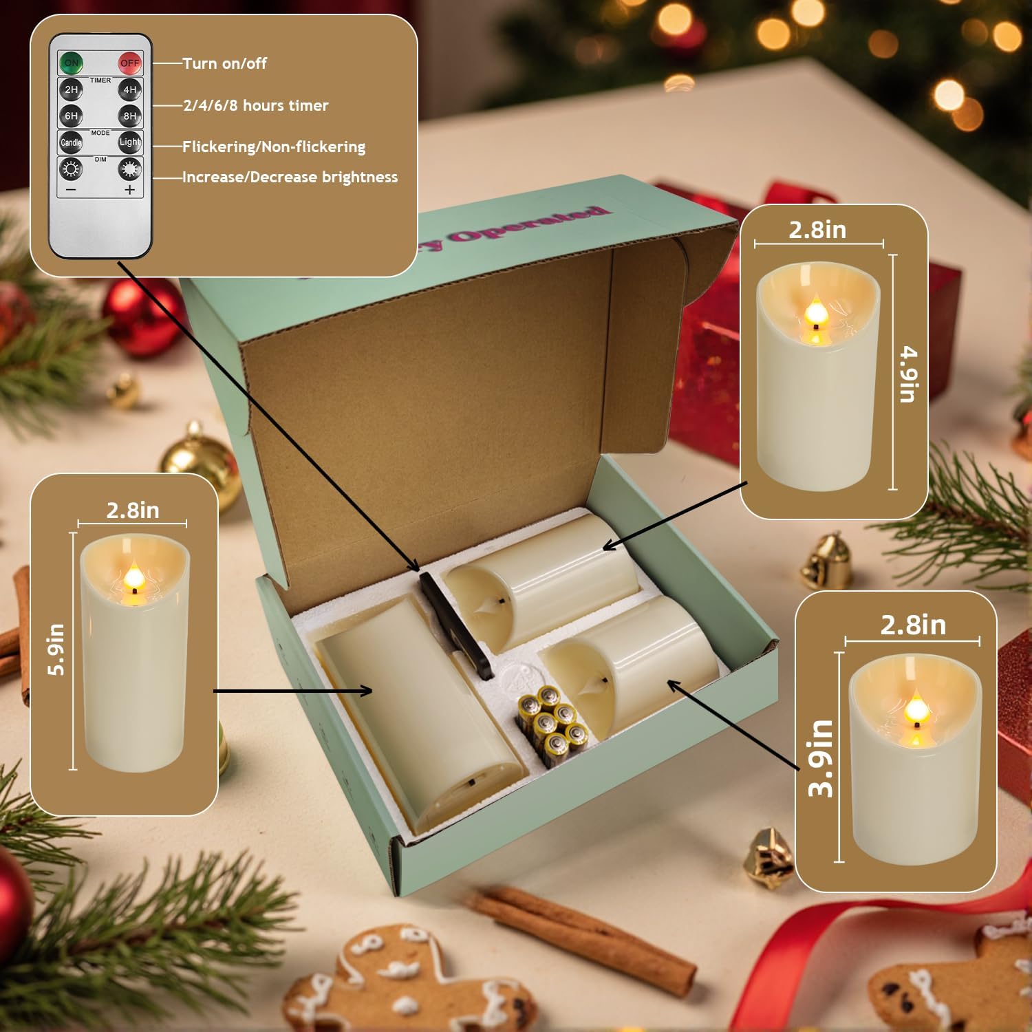 Battery Operated Pillar Candles, 3 Pack Ivory Flickering LED Candles with Remote and Timer, Indoor & Outdoor Flameless Candles, 15-Day Runtime