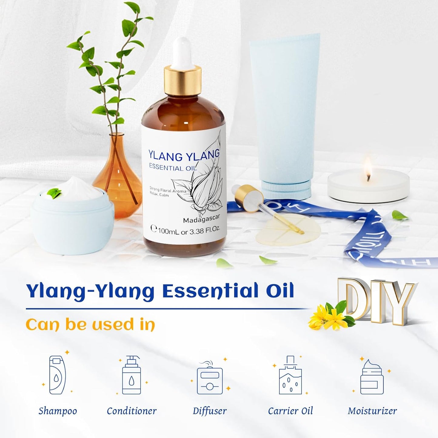 HIQILI Ylang-Ylang Essential Oil, Long-Lasting Scent for Diffuser, Perfumes, Aromatherapy, DIY - 3.38 Fl Oz