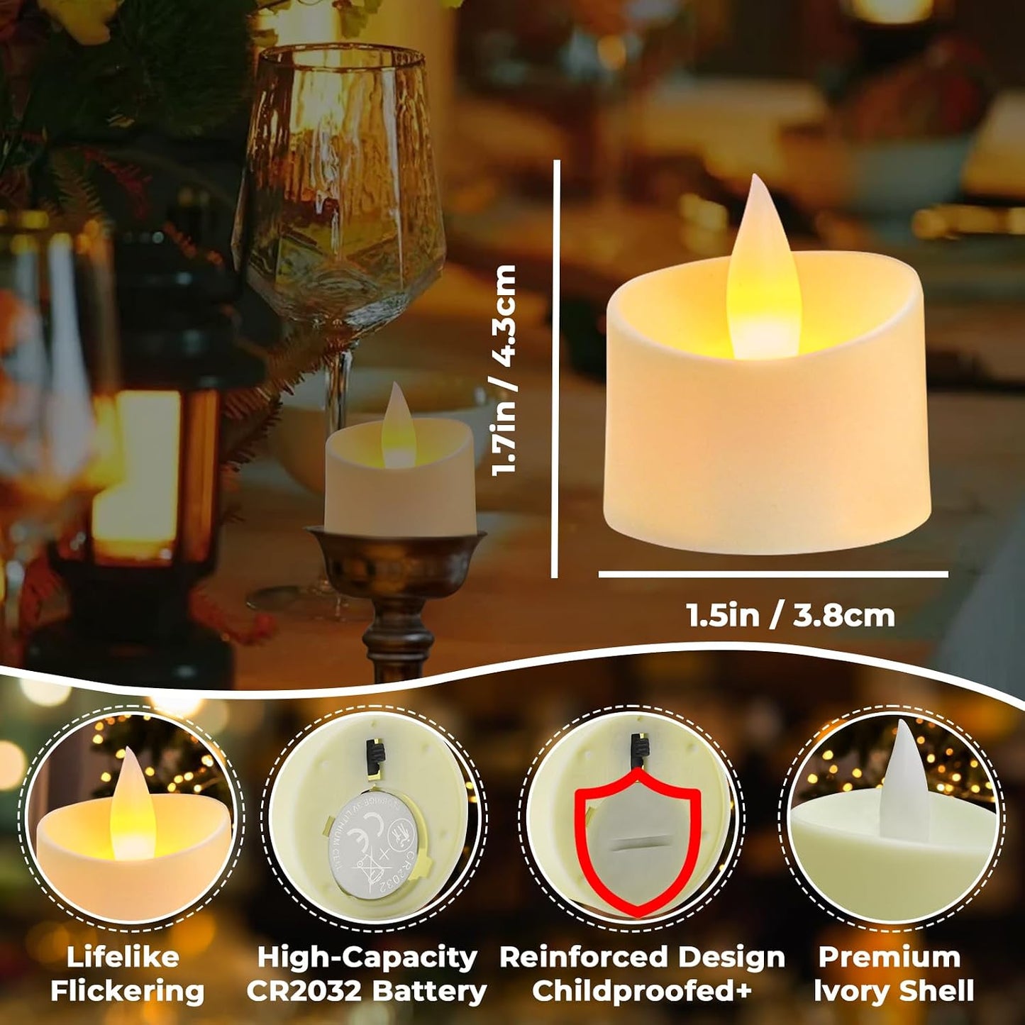 24-Pack Realistic Flameless Tea Lights, Patented Dual-LED Tech (Steady + Flicker) - Battery Operated Warm Yellow Votives for Wedding, Valentine, Home Decor (Ivory Base, 24 Pack)