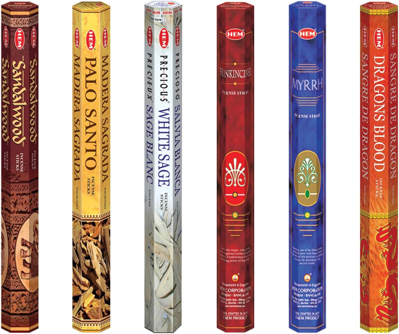 Hem Assorted Incense Sticks | Natural Fragrance | Positive Energy & Spiritual Wellness | Multiple Scents | Pack of 6 (White Sage, Palo Santo,Dragon Blood, Sandalwood,Frankincense, Myrrh)