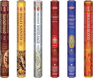 Hem Assorted Incense Sticks | Natural Fragrance | Positive Energy & Spiritual Wellness | Multiple Scents | Pack of 6 (White Sage, Palo Santo,Dragon Blood, Sandalwood,Frankincense, Myrrh)