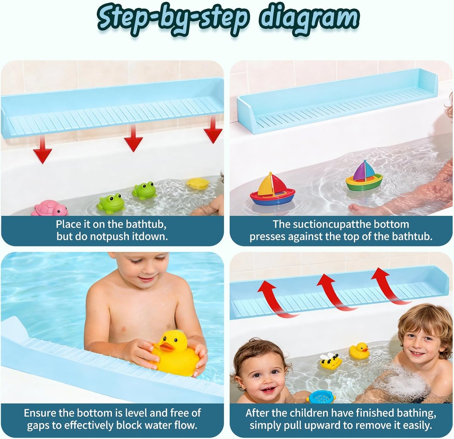Bathtub Splash Guard for tub Kids& Bath Shelf for Kids – Toddler Bath Tray, Bath Toys Storage & Ledge Organizer – Splash Guard for Bathtub with Suction Cups – Kids Bathroom Accessories(2.6FT, Blue)