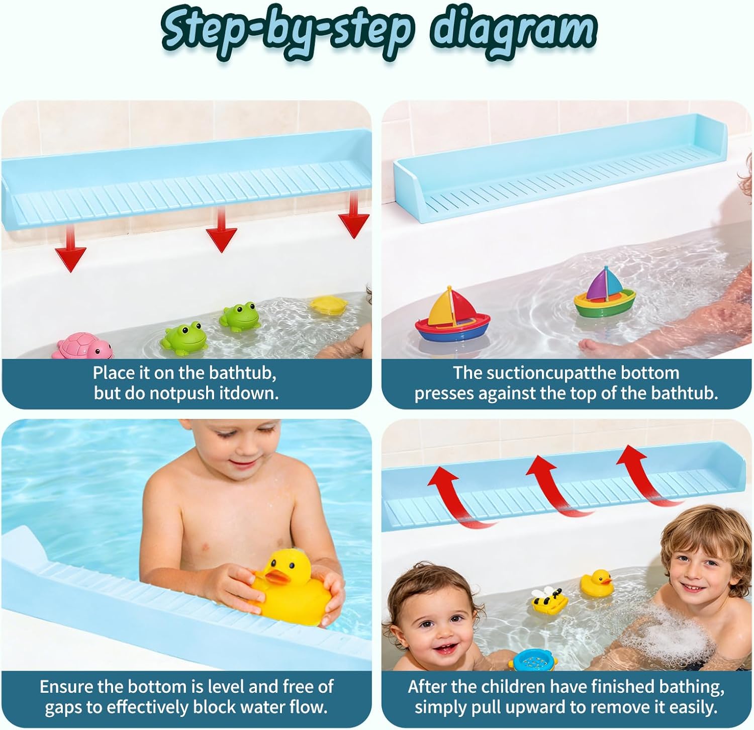 Bathtub Splash Guard for tub Kids& Bath Shelf for Kids – Toddler Bath Tray, Bath Toys Storage & Ledge Organizer – Splash Guard for Bathtub with Suction Cups – Kids Bathroom Accessories(2.6FT, Blue)
