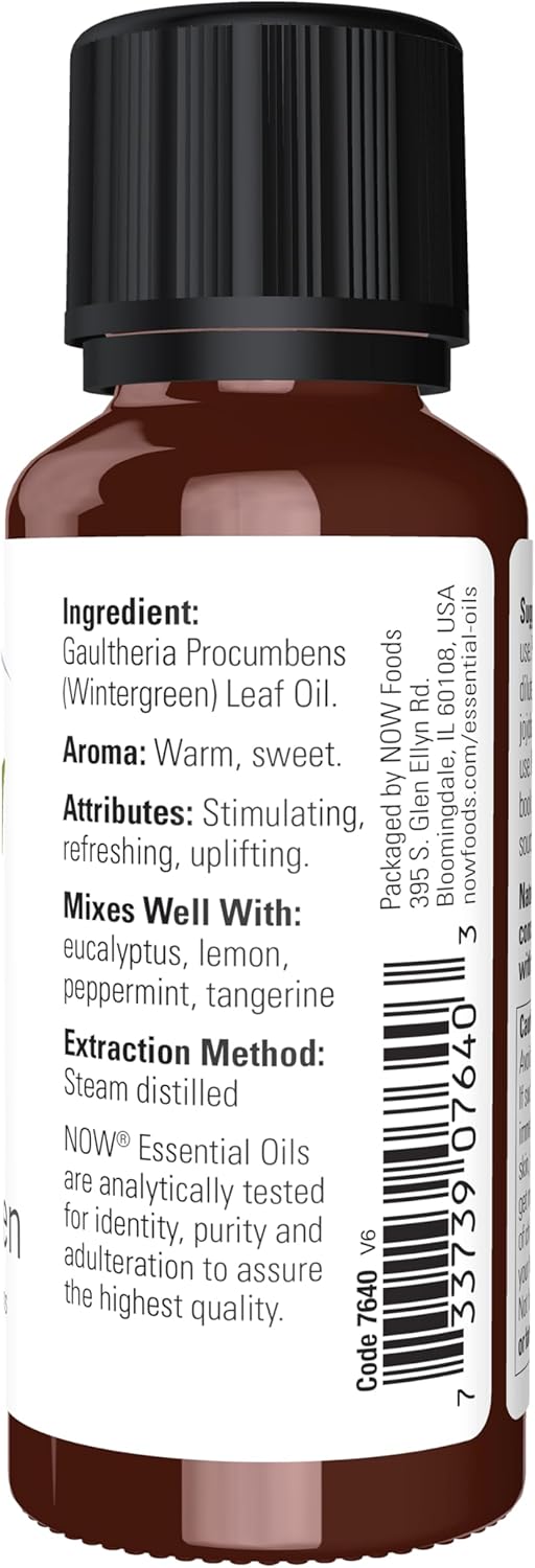 NOW Essential Oils, Wintergreen Oil, Stimulating Aromatherapy Scent, Steam Distilled, 100% Pure, Vegan, Child Resistant Cap, 1-Ounce