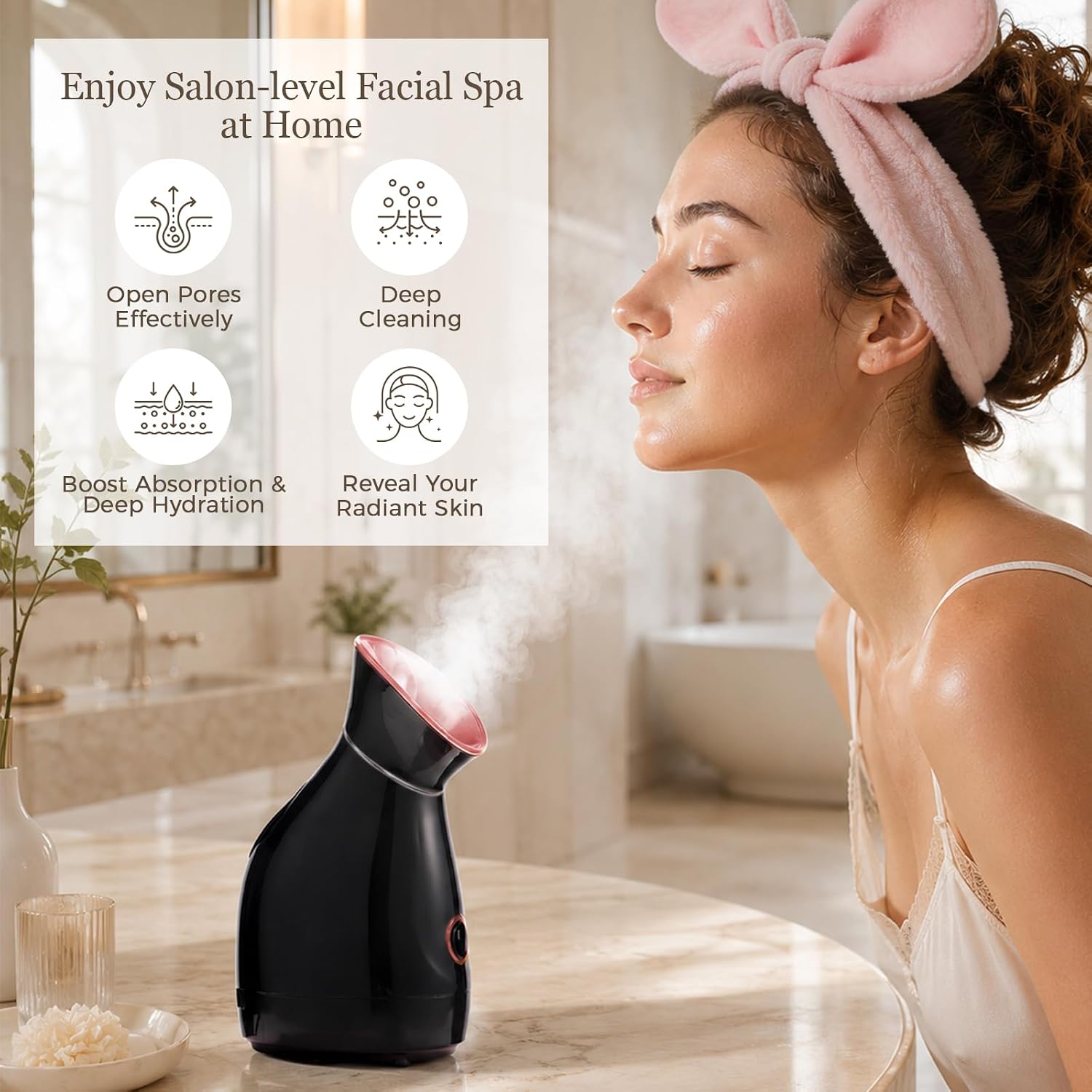 Facial Steamer Deep Cleaning Kit: Nano Ionic Face Steamer with 8 Skin Care Tools Home Spa Clean Refresh Repair for Unclogging Pores & Sinuses - Self Care Gifts for Women (Black Rose Gold)