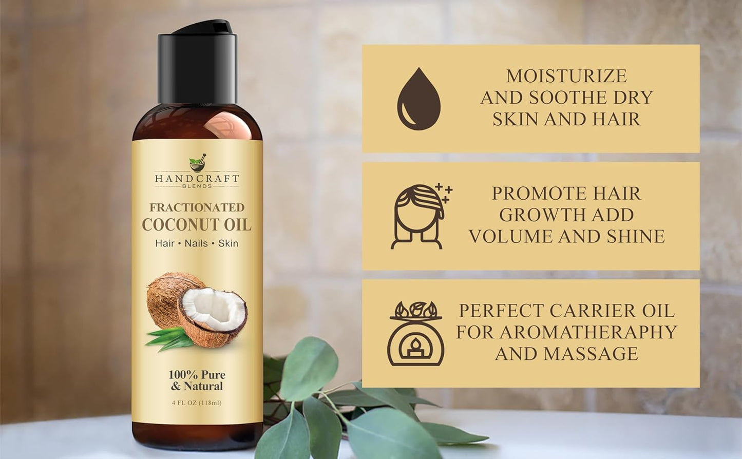Handcraft Blends Fractionated Coconut Oil - 4 Fl Oz - 100% Pure and Natural - Premium Grade Carrier Oil for Skin and Hair - Hair and Body - Massage
