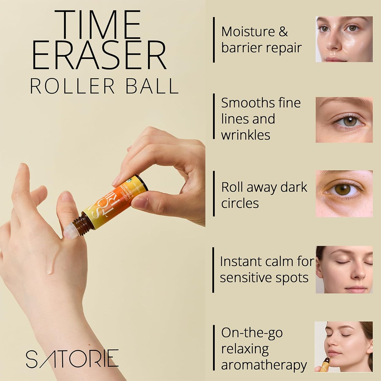 SATORIE Organic Castor & Frankincense Oil with Rose Quartz Rollerball - USDA Certified Essential Blend Oil Roll-On, Time Eraser Rollerball, for Face, Under Eyes, Anti-Aging, Dark Circles