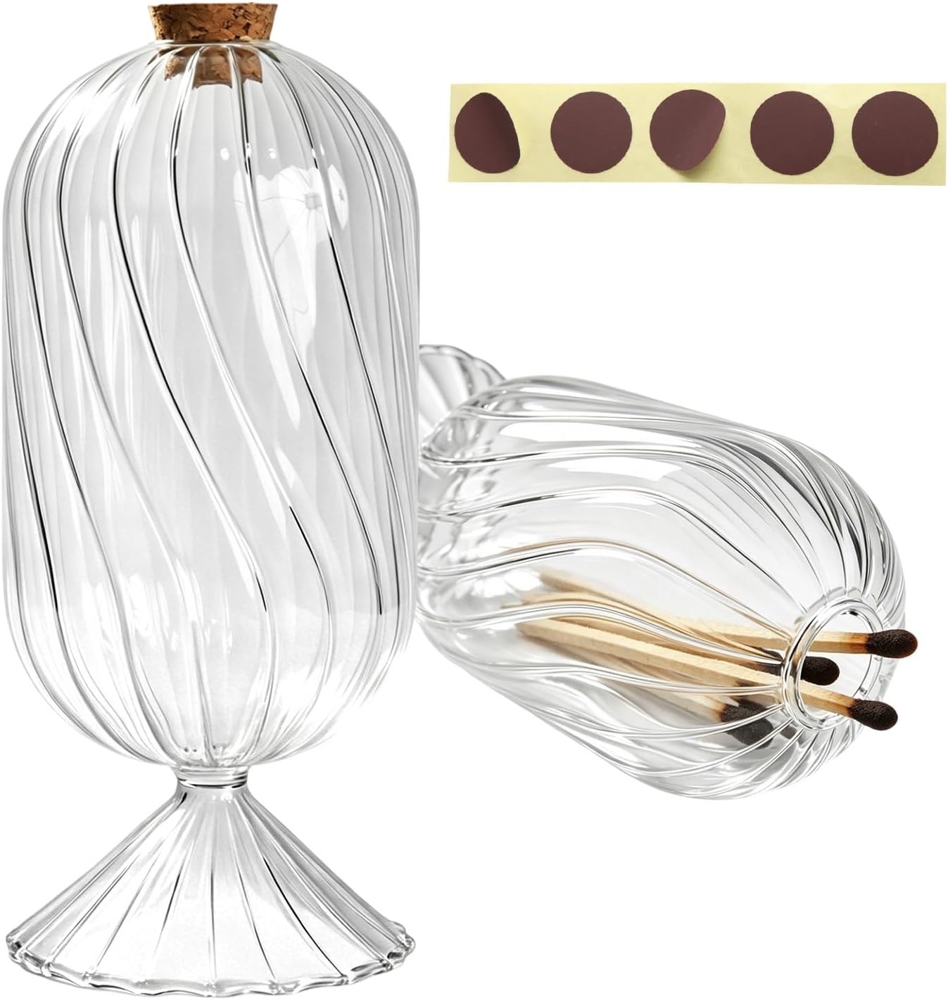Large Glass Match Holder with Striker, Helix Shaped Clear Match Cloches Glass Long Match Jar Decorative Dome Match Stick Container for 4" Matches Flowers Bathroom Display Decor, Not Include Match