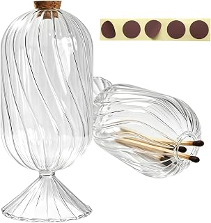 Large Glass Match Holder with Striker, Helix Shaped Clear Match Cloches Glass Long Match Jar Decorative Dome Match Stick Container for 4" Matches Flowers Bathroom Display Decor, Not Include Match