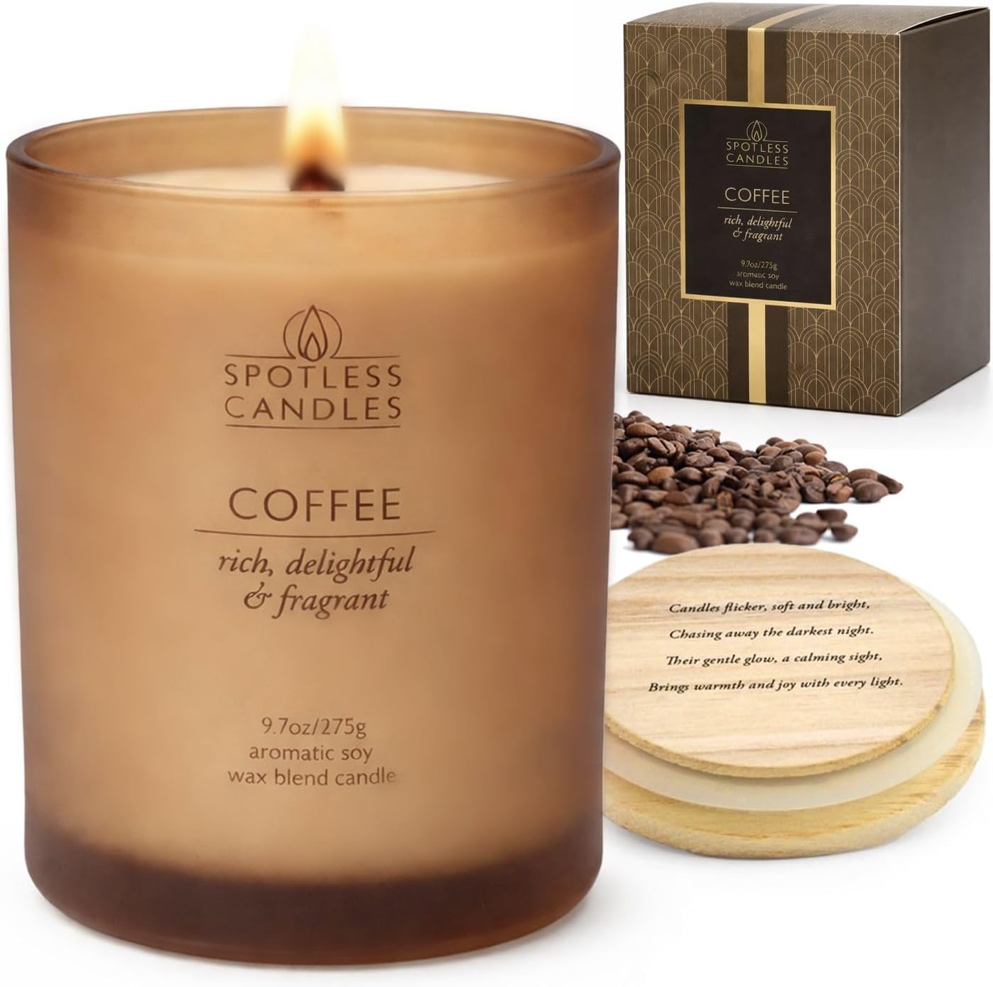 Coffee Candle; 9.7oz, 55 Hrs Burn Time, Soy Wax Brown Frosted Jar with Crackling Wooden Wick & Luxury Gift Box with Gold Foil Strip: Coffee Scented Candle by Spotless Candles