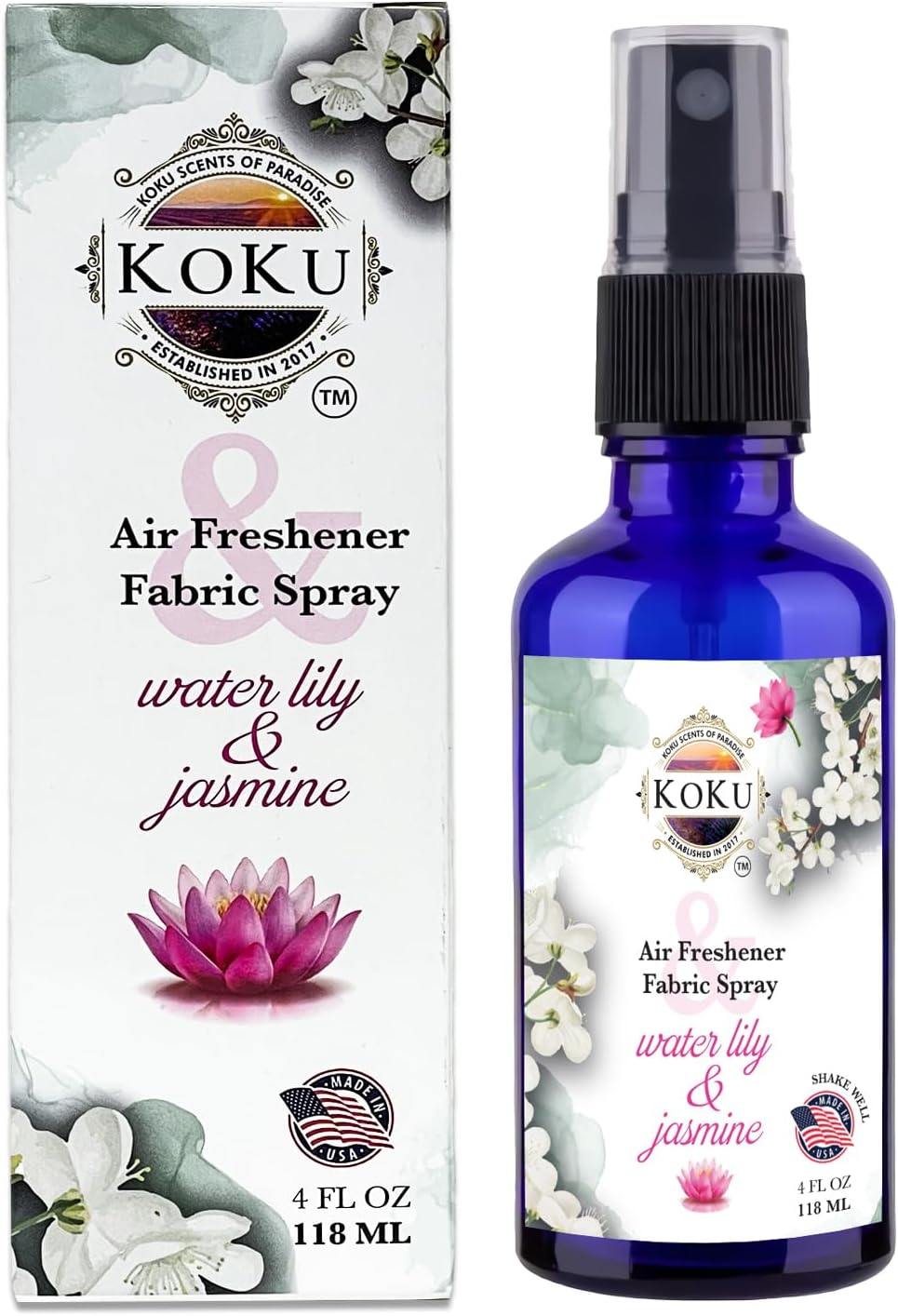 Water Lily Jasmine Air Freshener - Room Spray - Odor Eliminator - Deodorizer - Car Air Freshener - Home Spray - Linen Spray - Fabric Refresher - None Toxic - Alcohol Free - Made in USA (4 Oz)