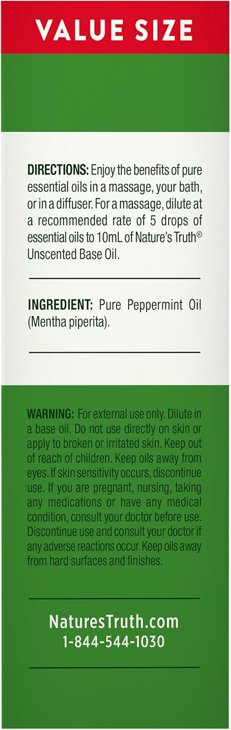 Nature's Truth Peppermint Essential Oil Pure | 2 fl oz | for Diffuser, Aromatherapy, and Massage | Value Size | Plant Based, Non-GMO & Gluten Free