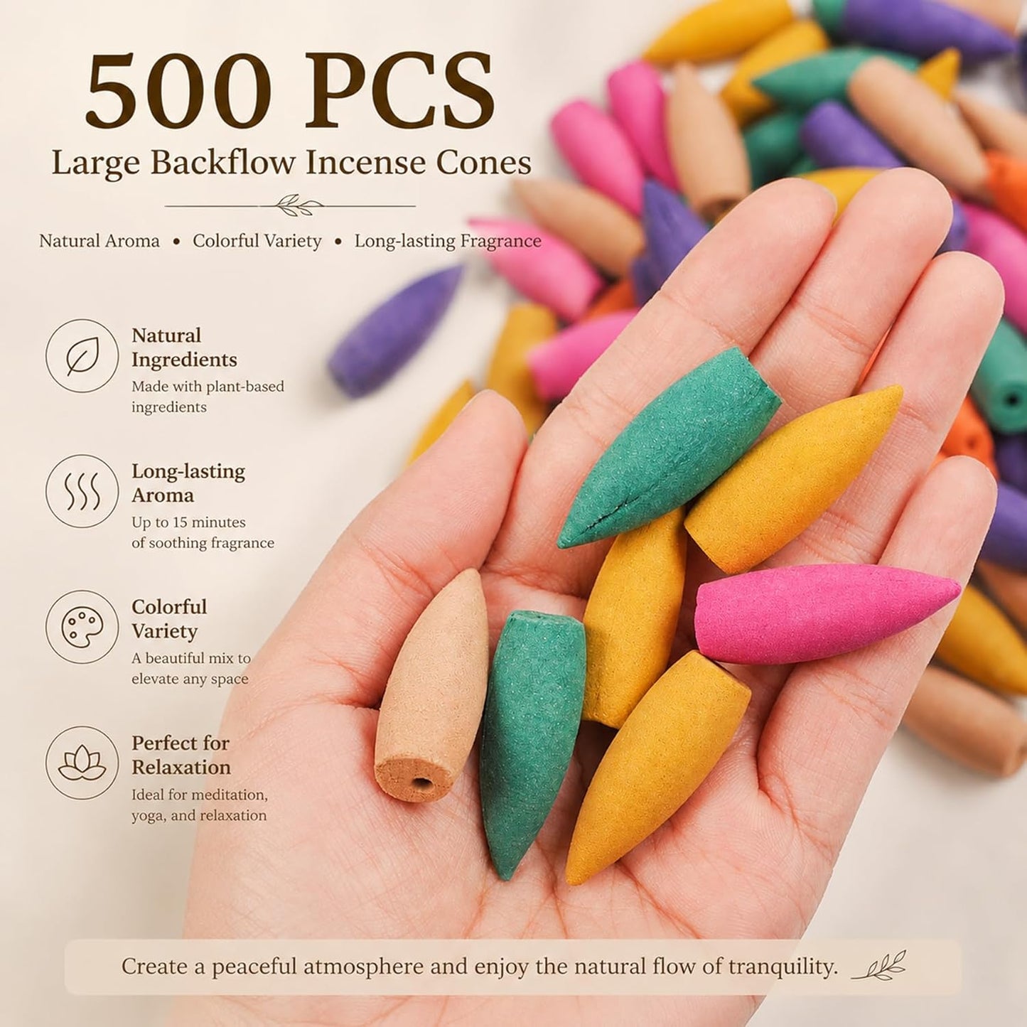 500Pcs Large Backflow Incense Cones for Waterfall - Natural Scents for Waterfall Incense Fits All Backflow Incense Burners, Meditation Yoga Aromatherapy, Scented Cones