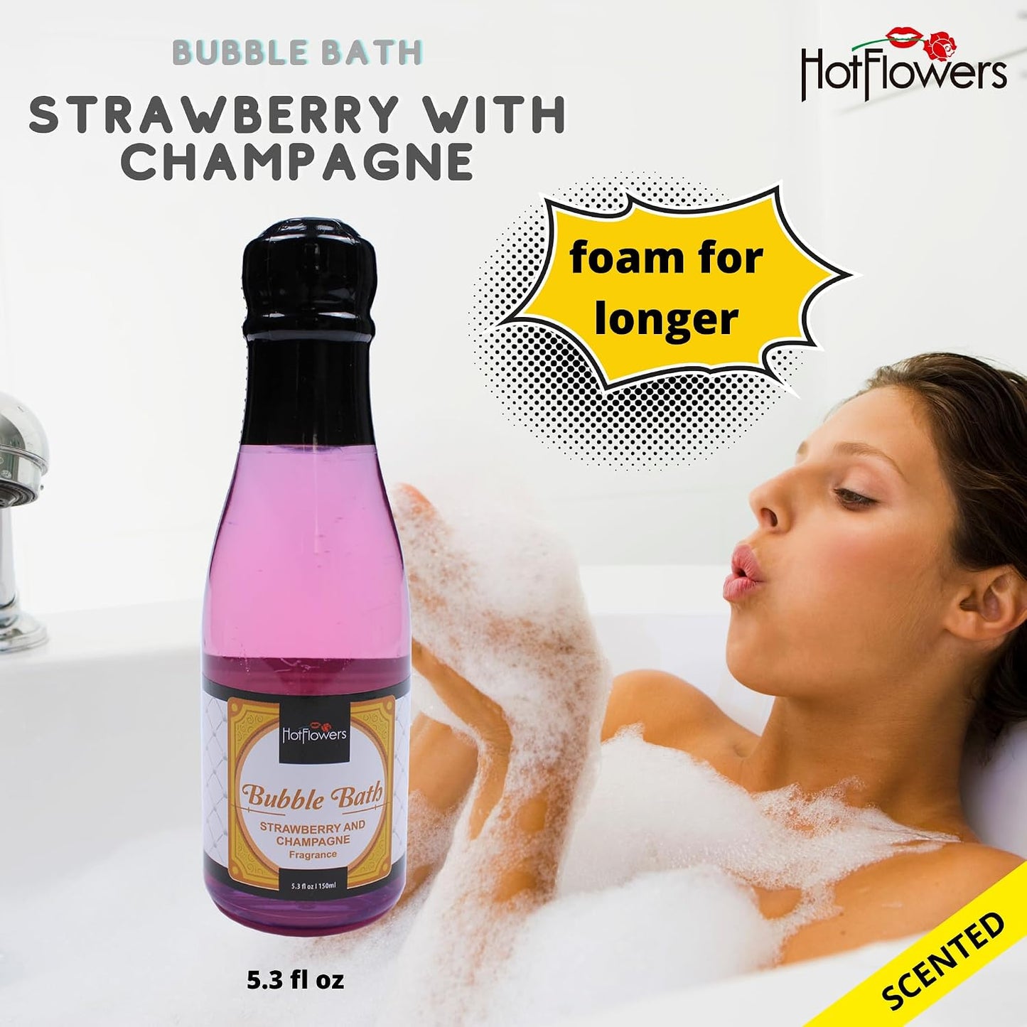 Hot Flowers Bubble Bath Scented – Women and Men Bath Foam Products – Relaxing, Foaming, and Moisturizing Adult Soak – Special Small Champagne-Shaped Pet Bottle - Strawberry with Champagne Scent (3)