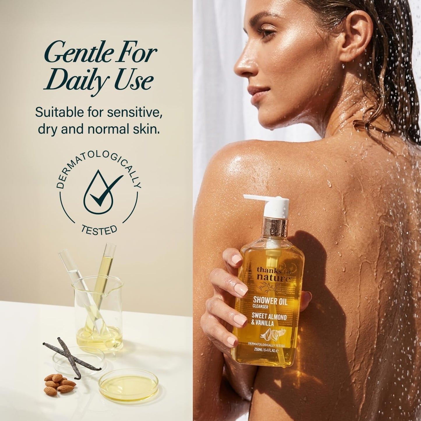 Shower Oil for Women with Sweet Almond and Vanilla, Luxe Oil Body Wash That Softens Skin, Cleansing Oil for Normal to Dry Skin, 8.45 fl oz