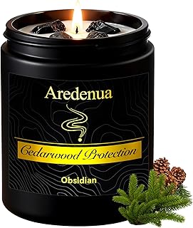 Scented Candle with Crystal for Emotional Protection and Grounding - Cedarwood Aromatherapy Candle with Obsidian Healing Crystals, Natural Soy Wax 7oz, Strength Gift for Women Men