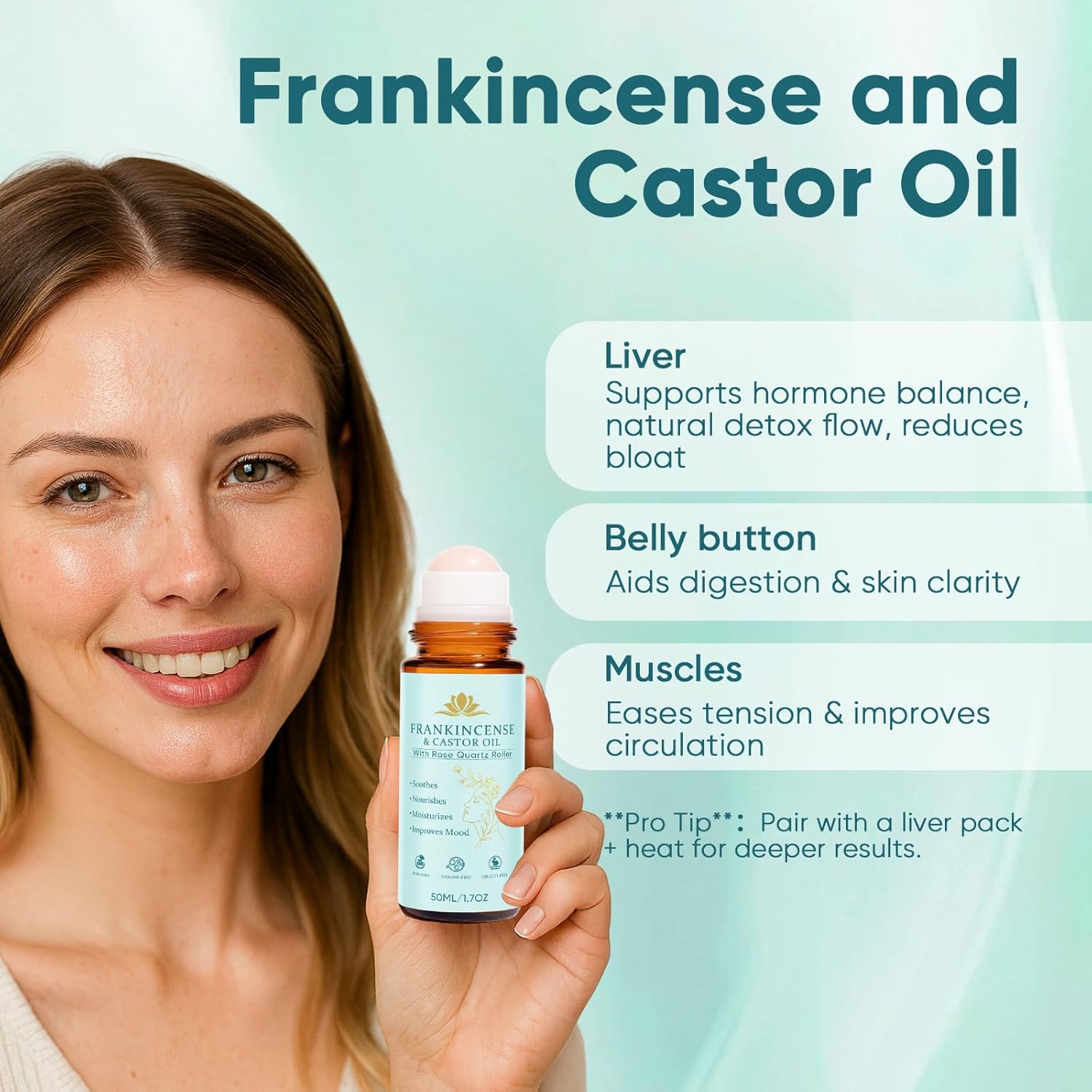 Frankincense and Castor Oil, Organic Castor Oil Rose Quartz Roller Ball, 100% Pure, Cold-Pressed, Firms Skin, Reduces Fine Lines & Wrinkles, Suitable for Face, Neck, Abdomen, 50ML/1.7OZ (1)