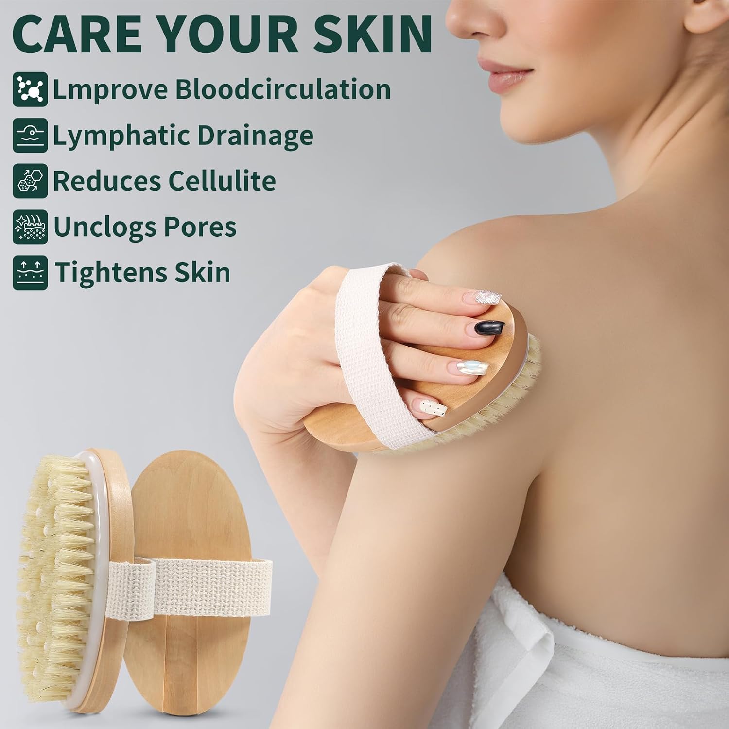 DEBETOOL Dry Brush Set for Body & Face - Dry Brushing Body Brush with Long Handle & 3 Replacement Heads (Soft/Medium/Firm) for Lymphatic Drainage Cellulite