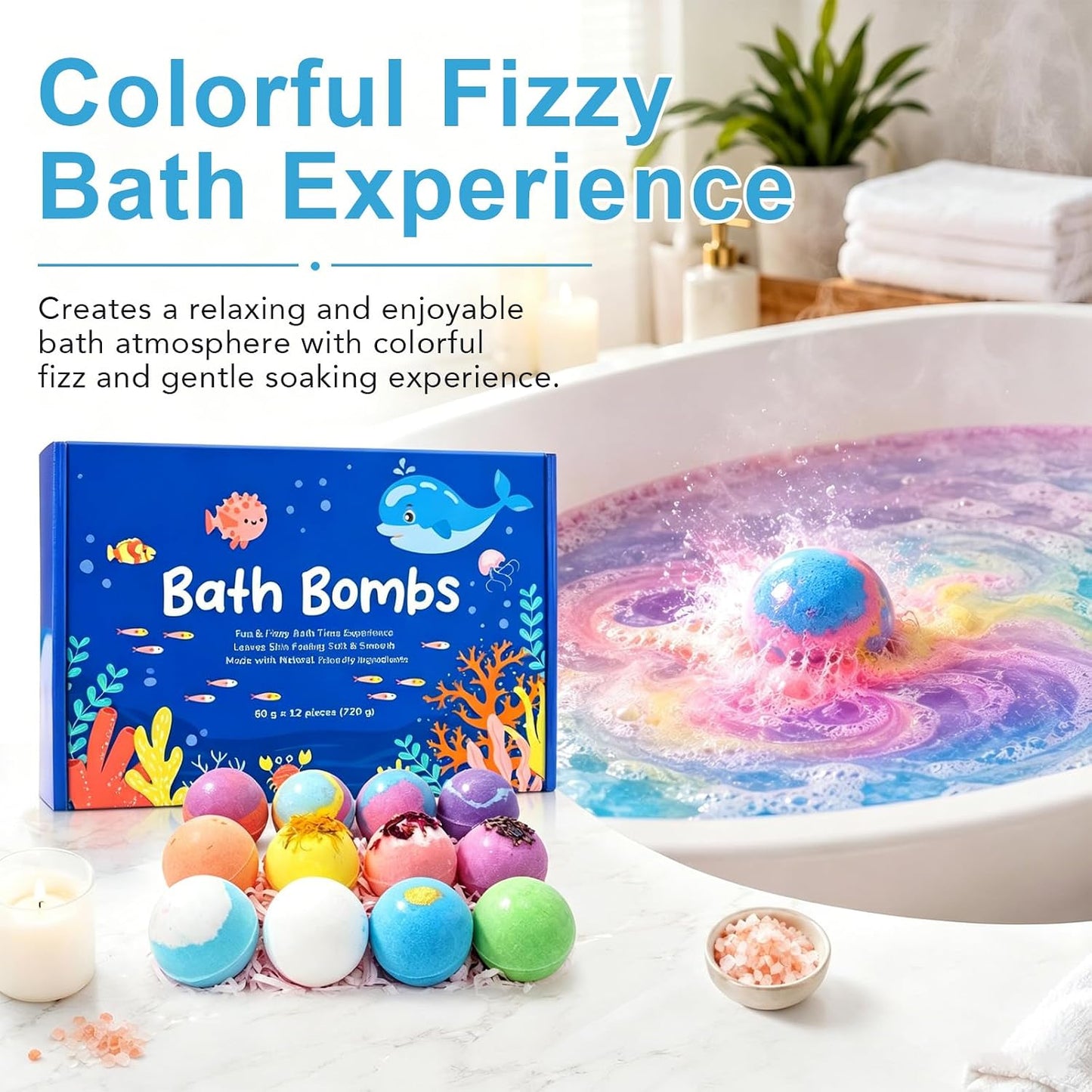 Ocean Theme Bath Bomb Set with Hidden Sea Creature Charms, 12 Colorful Fizzy Bath Bombs for Relaxing Bath Time, Self Care Gifts and Everyday Soaking Experience