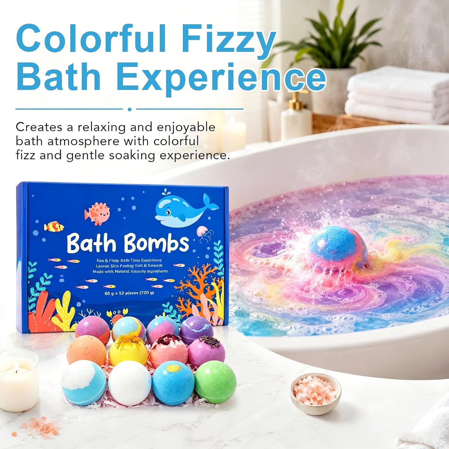 Ocean Theme Bath Bomb Set with Hidden Sea Creature Charms, 12 Colorful Fizzy Bath Bombs for Relaxing Bath Time, Self Care Gifts and Everyday Soaking Experience
