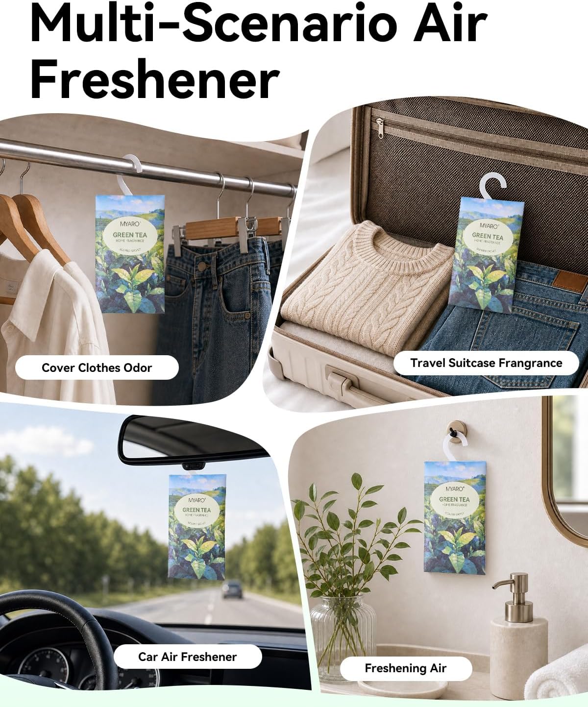 MYARO Hanging Sachets Air Freshener for Home: 12 Packs Clean & Fresh Hanging Scented Sachet Bags for Closet, Clothes, Lingerie Drawer, Car, Bedroom, Laundry Fragrance Gift for New House (Green Tea)