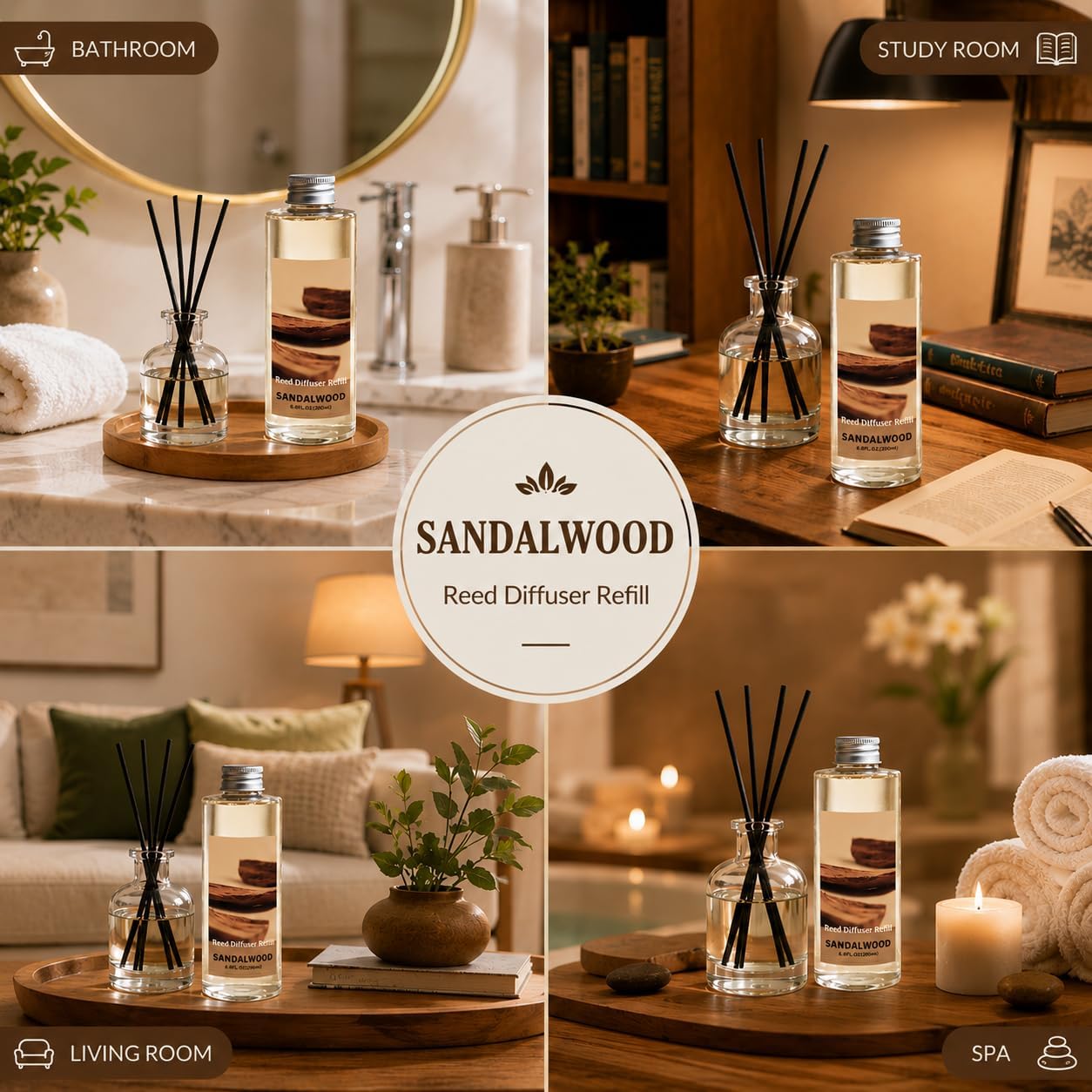 STRN Reed Diffuser Oil Refill, Sandalwood Scented Diffuser Oil Refills with 6 Reed Sticks 200ML(6.8fl.oz), Summer Long-Lasting Fragrance for Living Room, Bedroom, Office, Home Décor