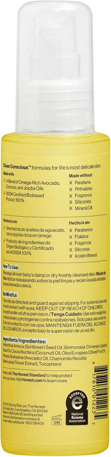The Honest Company Fragrance-Free Moisturizing Body Oil, Nourish Soothe Baby's Skin, Plant-Based, Hypoallergenic Vegan, 4.0 fl oz