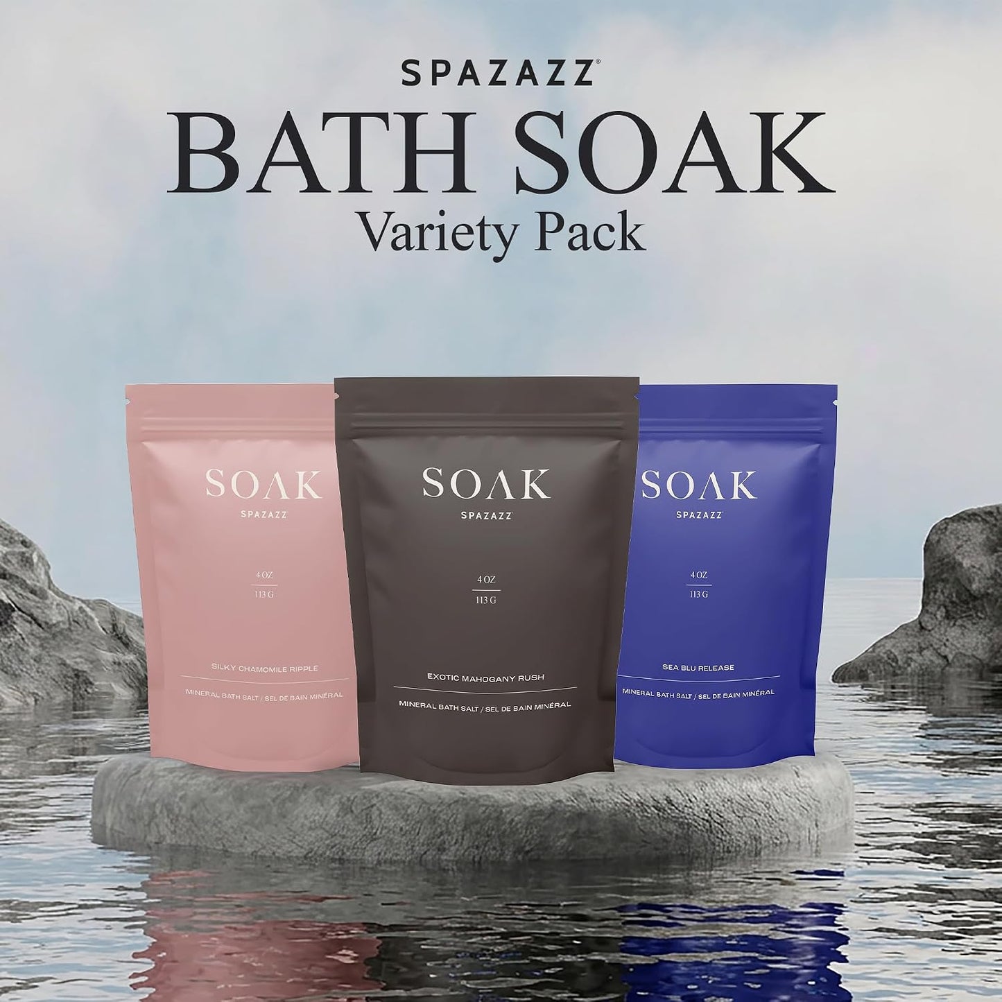 Spazazz Dead Sea Bath Salts with Magnesium & Arnica – Aromatherapy Mineral Bath Soak for Relaxation – 4oz Exotic Mahogany Rush, Silky Chamomile Ripple & Sea Blu Release with Bath Salt Scoop