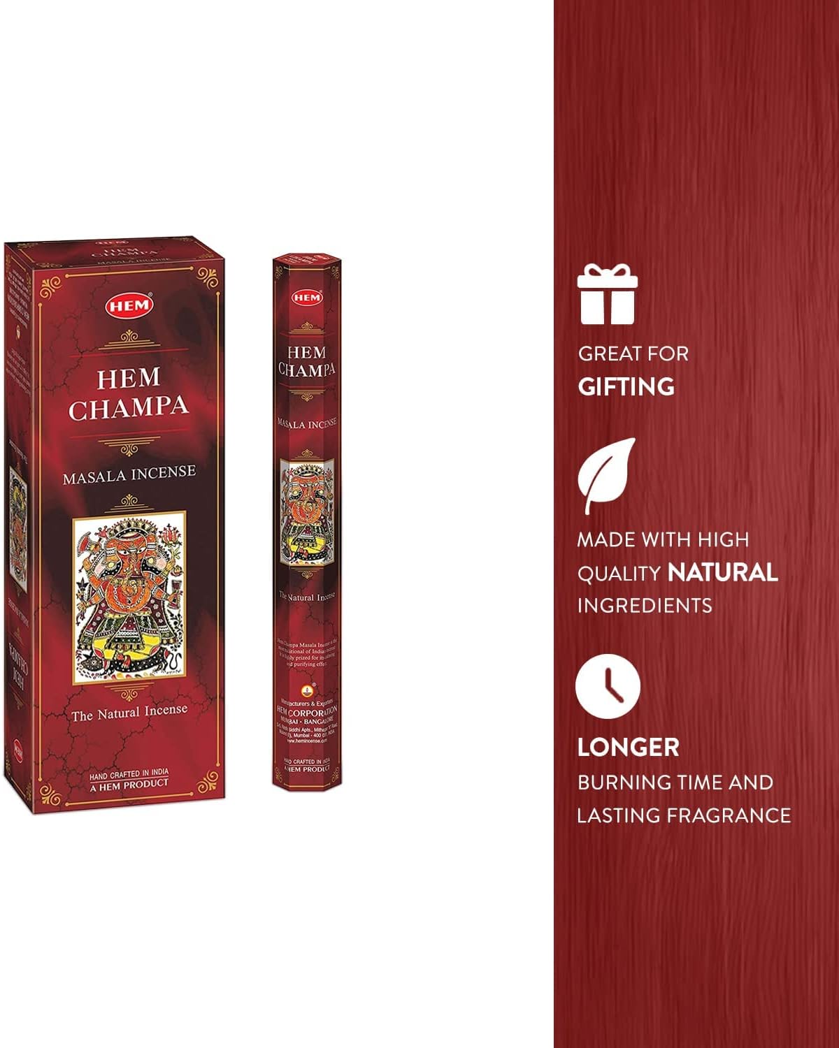 HEM Champa Masala Incense Sticks Pack Of 120 Count | 100% Natural Resin, Pure House & Flower Powder | Aromatherapy Incense For Air Purifier, Meditation & Spiritual Environment | Gift Set - (301 gm each)