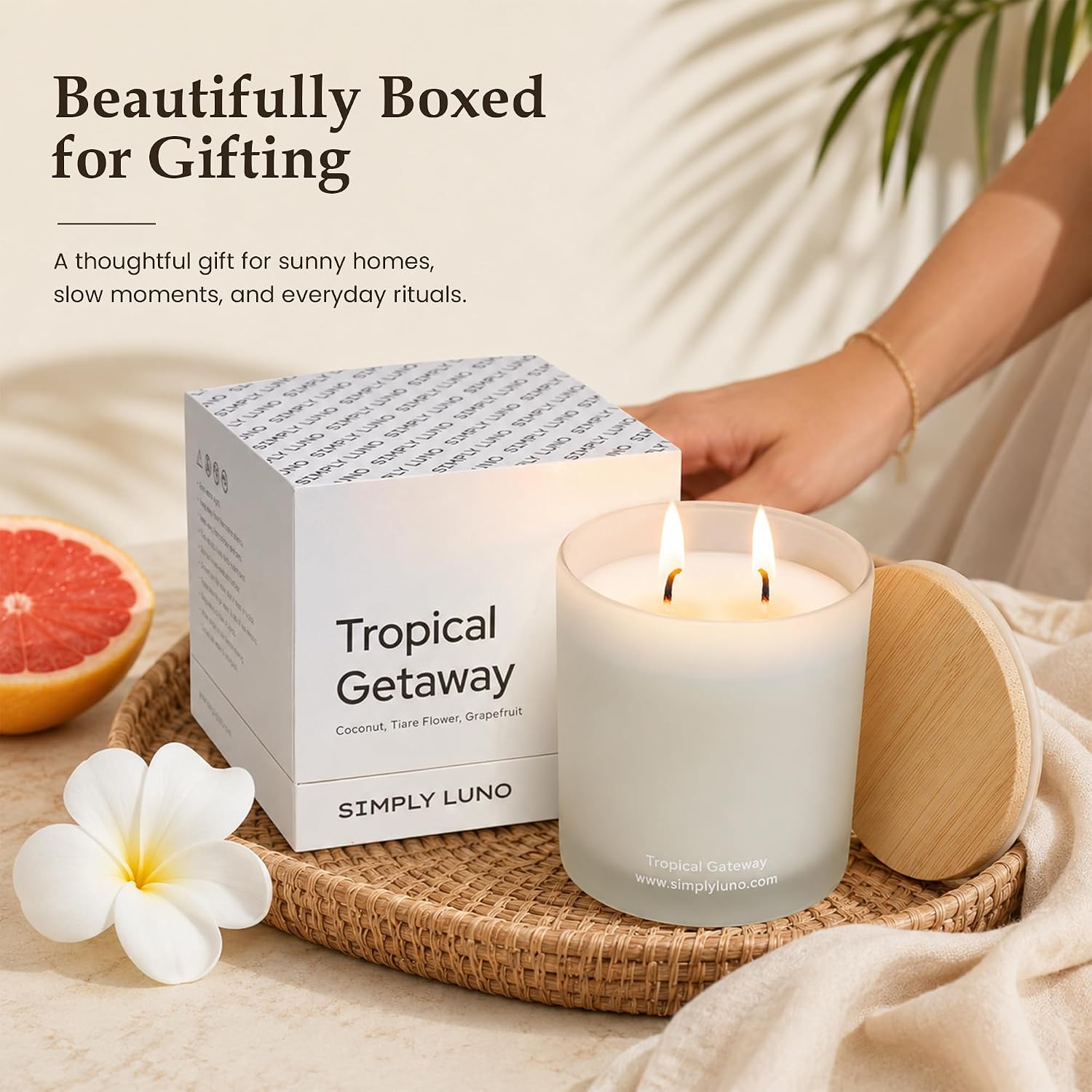 Tropical Getaway Coconut & Grapefruit Scented Candle | 14oz Soy Wax | 50+ Hour Long Lasting Burn | Reusable Glass Candle Jar with Bamboo Lid & Eco Friendly Gift Box |Luxury Scented Candle for Home